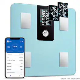GE - Smart Scale for Body Weight and Fat Percentage, Digital Bluetooth Body Composition Analyzer with App, LCD Display - Blue