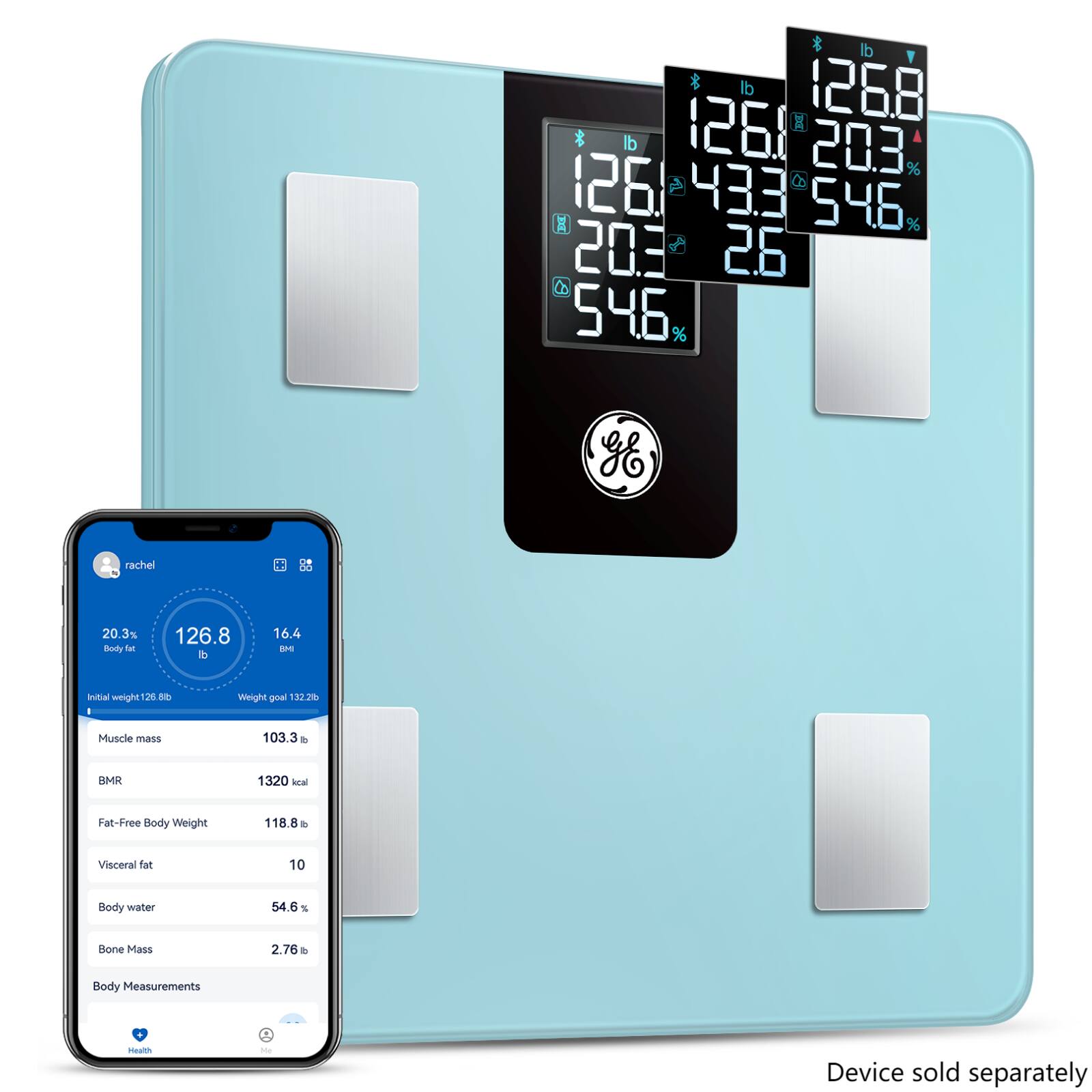 GE - Smart Scale for Body Weight and Fat Percentage, Digital Bluetooth Body Composition Analyzer with App, LCD Display - Blue