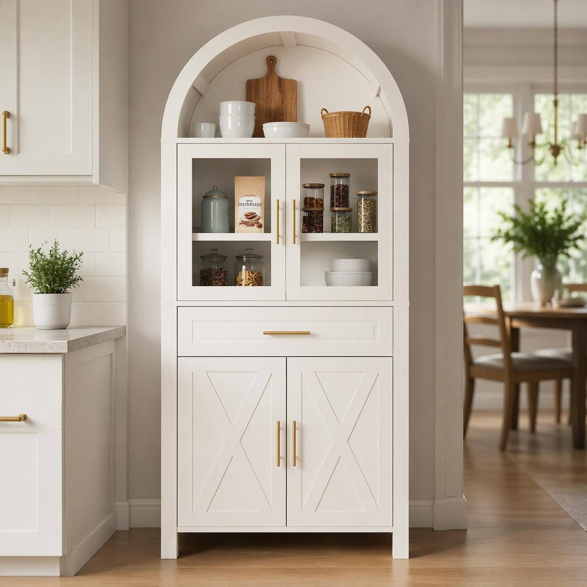Front. RYHNUYNE - Freestanding 71 Inch Tall Arched Kitchen Pantry Cabinet with Adjustable Shelves and Glass Door, White - White.