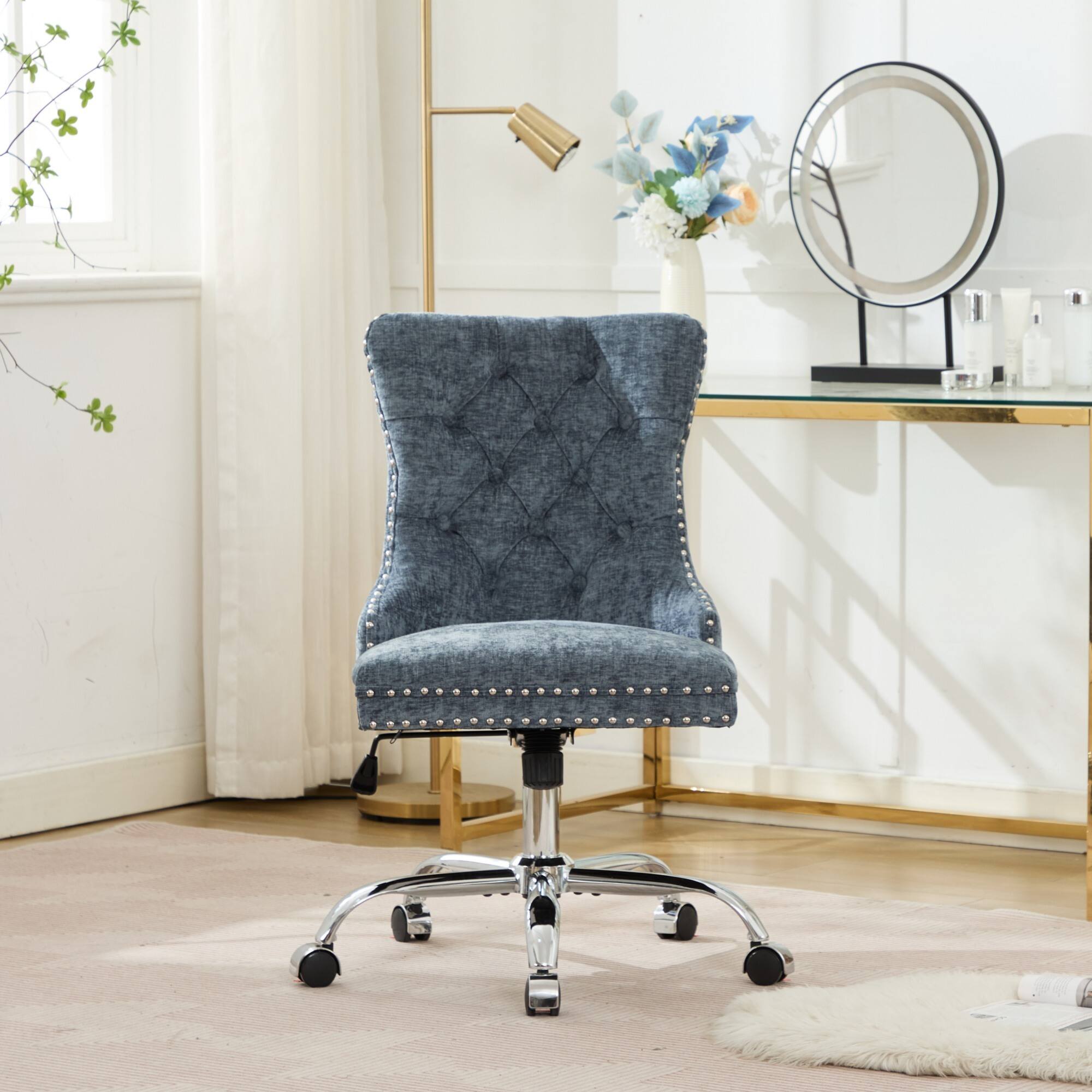 Left. Trinkets Crazed - Home Office Chair with Wheels & Silver Base,Chenille Fabric Makeup Vanity Chair with Tufted Back, Swivel Desk Chair - Light Blue.