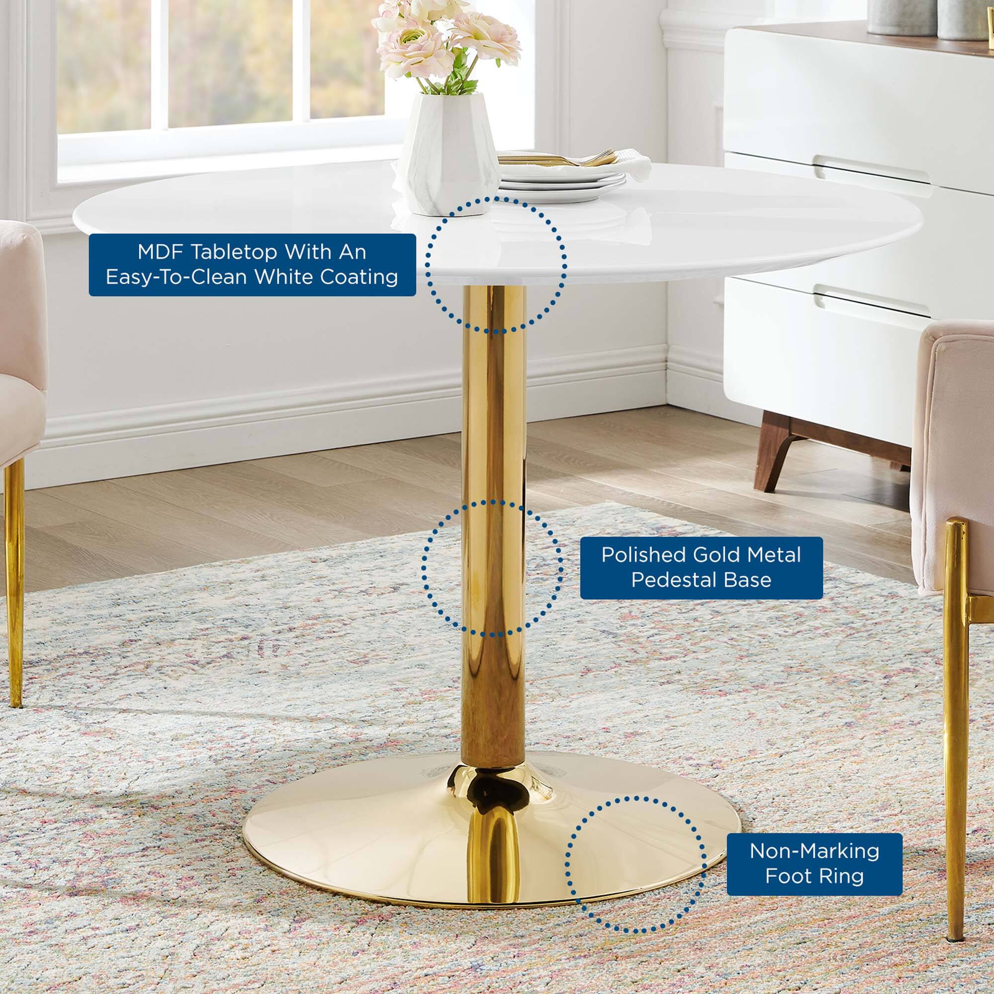 - MDF Tabletop With An Easy-To-Clean White Coating
- Polished Gold Metal Pedestal Base
- Non-Marking Foot Ring