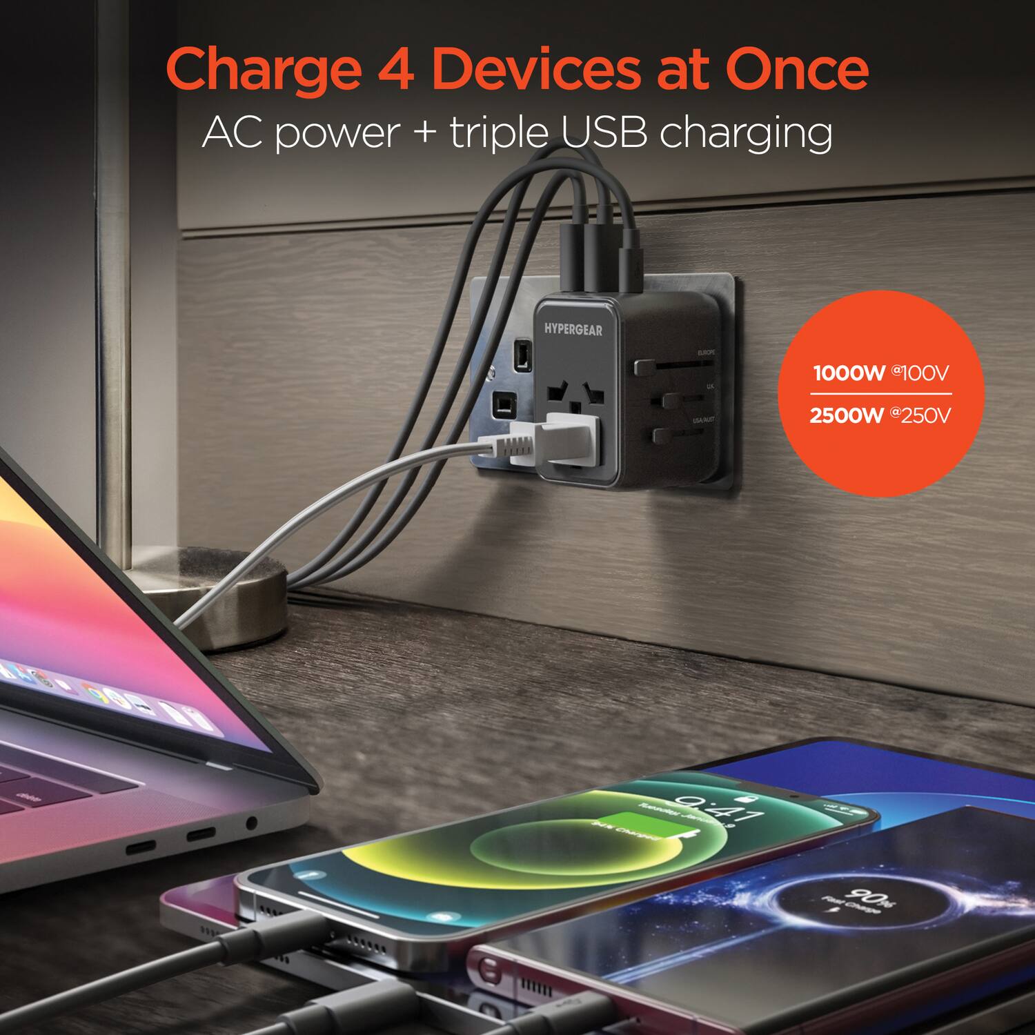 Charge 4 Devices at Once  
AC power + triple USB charging  

HYPERGEAR  
1000W @ 100V  
2500W @ 250V