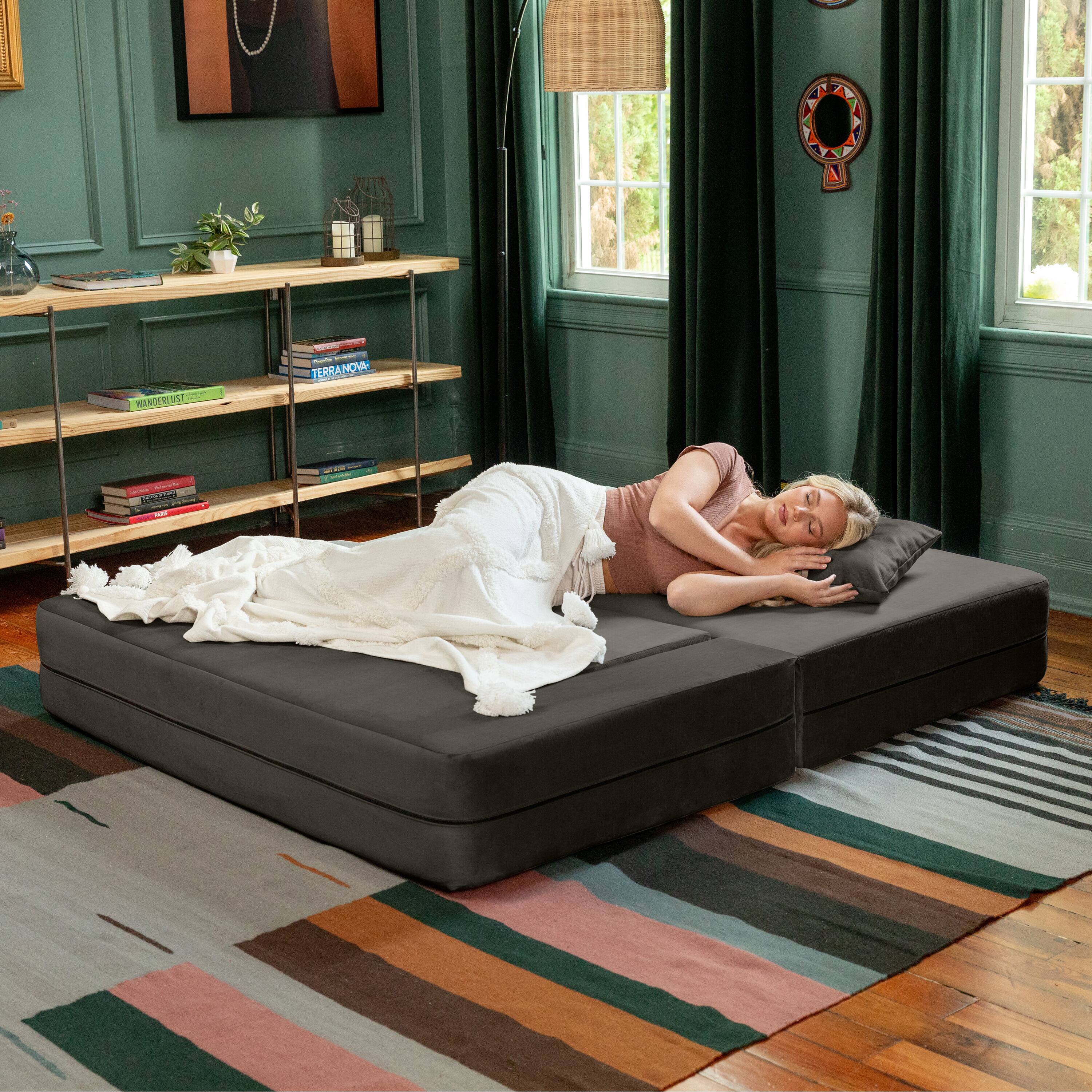 Alt View 2. Jaxx - Jaxx Zipline Convertible Sleeper Loveseat & Ottomans, Textured Microvelvet - Charcoal - Charcoal.