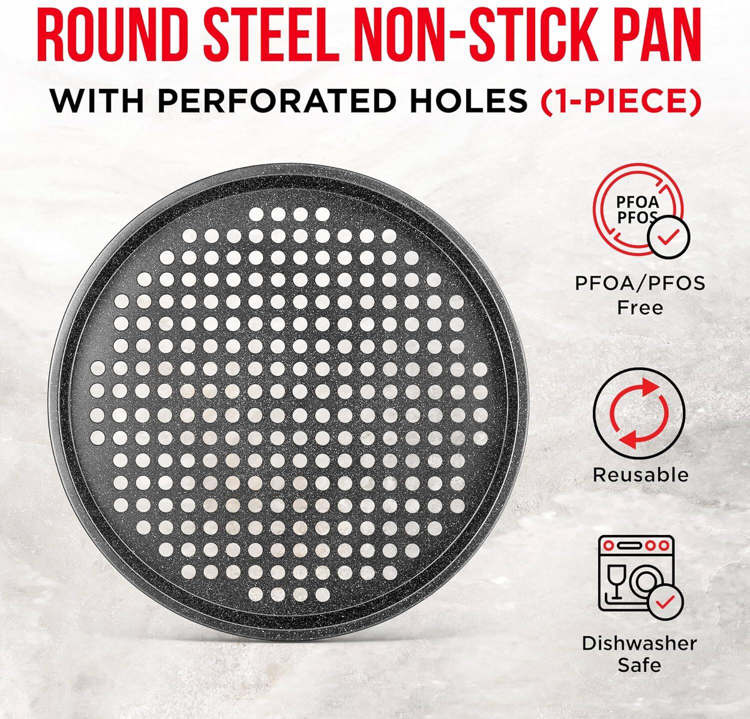 ROUND STEEL NON-STICK PAN WITH PERFORATED HOLES (1-PIECE) PFOA/PFOS Free Reusable Dishwasher Safe