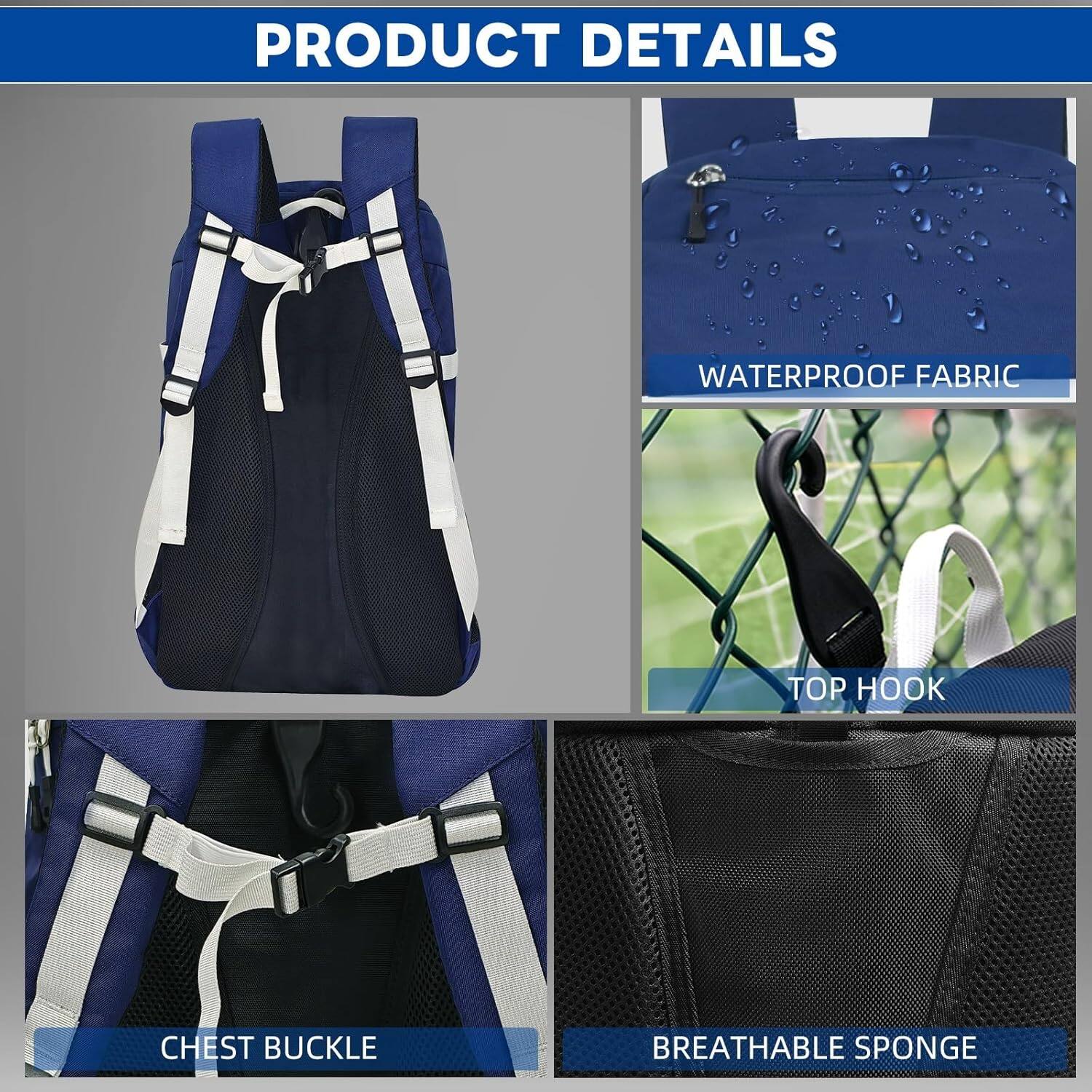 PRODUCT DETAILS

- WATERPROOF FABRIC
- TOP HOOK
- CHEST BUCKLE
- BREATHABLE SPONGE