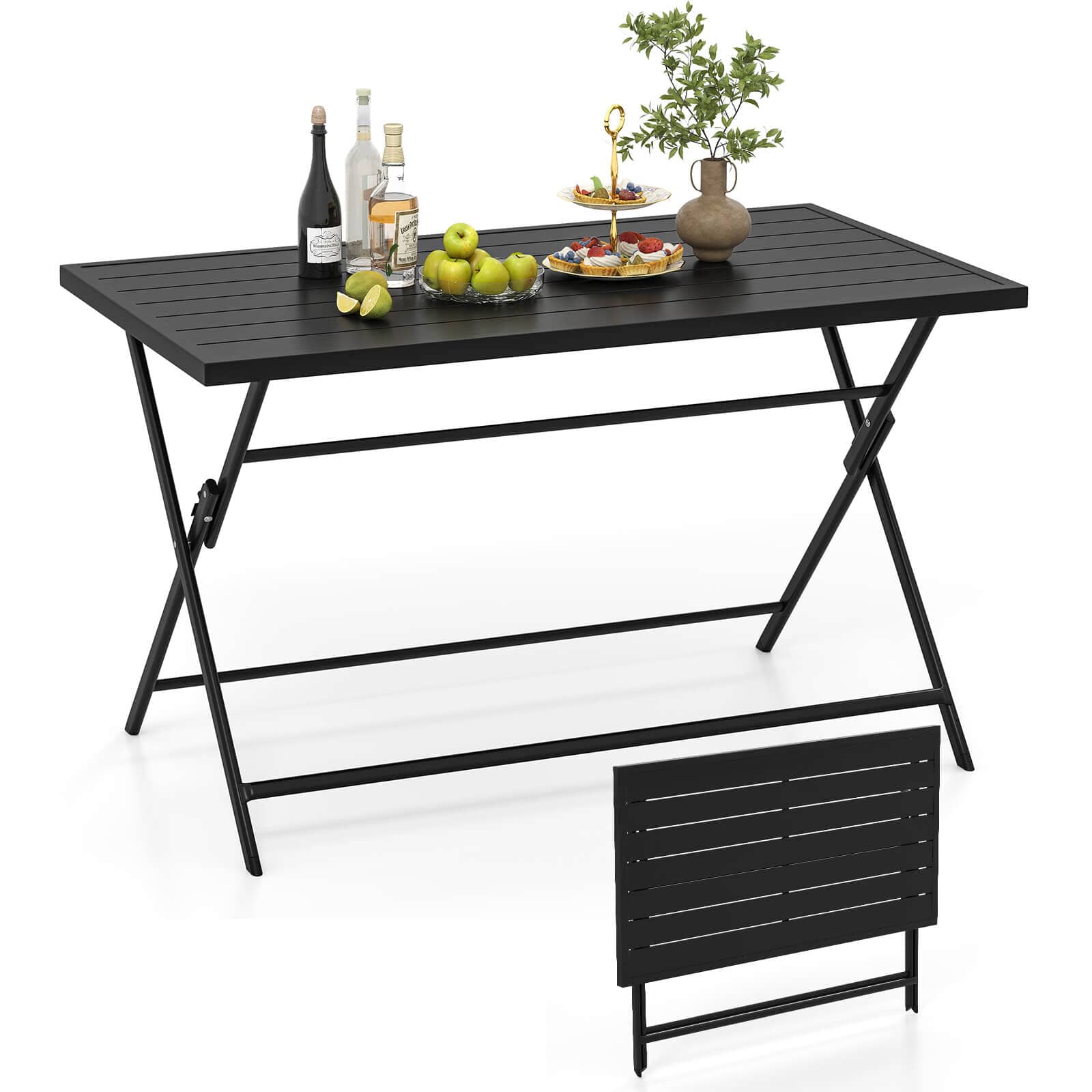 Costway - 48" x 30" Foldable Outdoor Dining Table with Slatted Tabletop for Kitchen Garden - Black