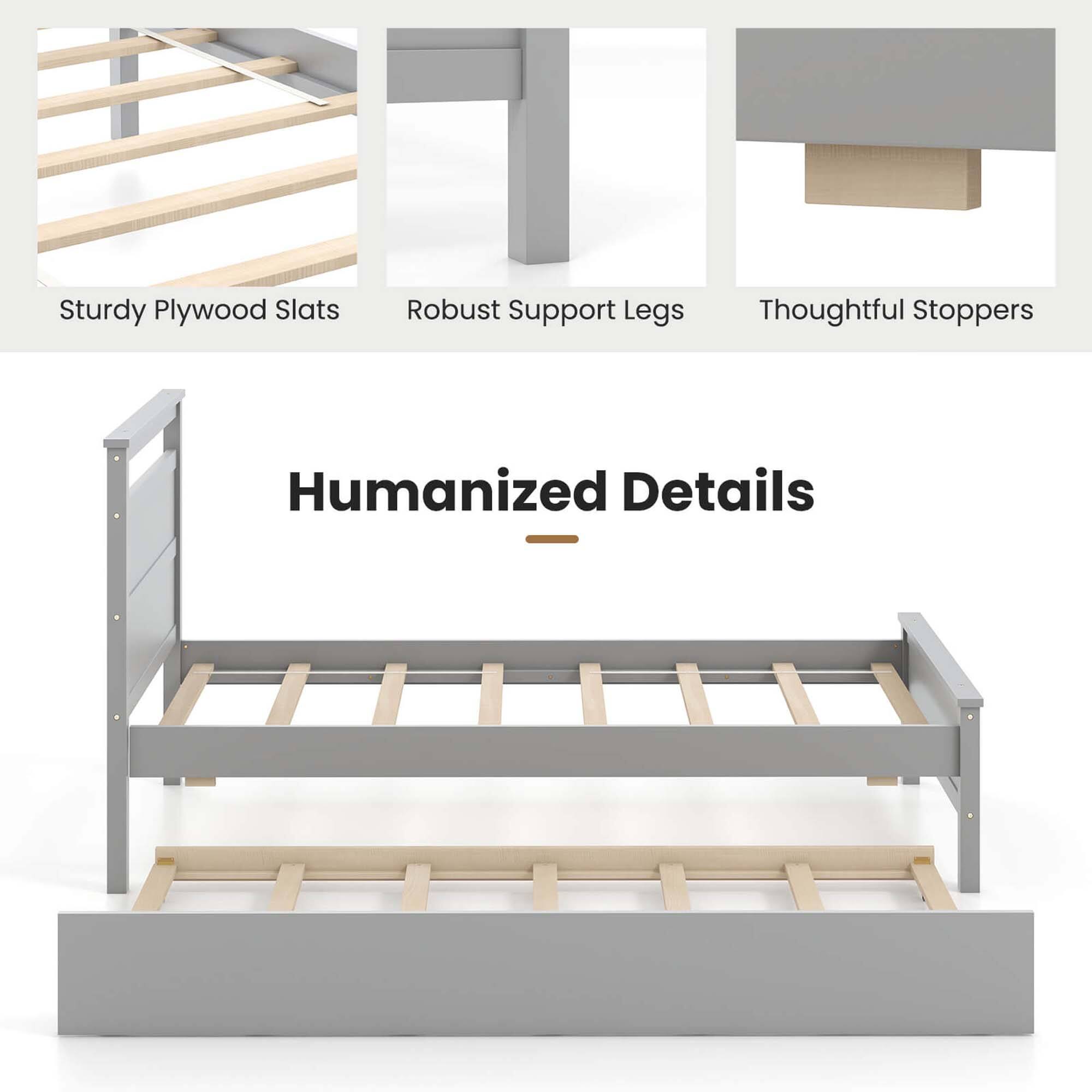 The text on the image can be grouped and corrected as follows:

1. Sturdy Plywood Slats: These slats provide a strong and stable base for the bed.
2. Robust Support Legs: The legs of the bed are designed to provide additional support and stability.
3. Thoughtful Stoppers: The bed features stoppers to prevent the bed from moving or sliding.
4. Humanized Details: The bed is designed with a focus on comfort and functionality, making it a more enjoyable and user-friendly piece of furniture.