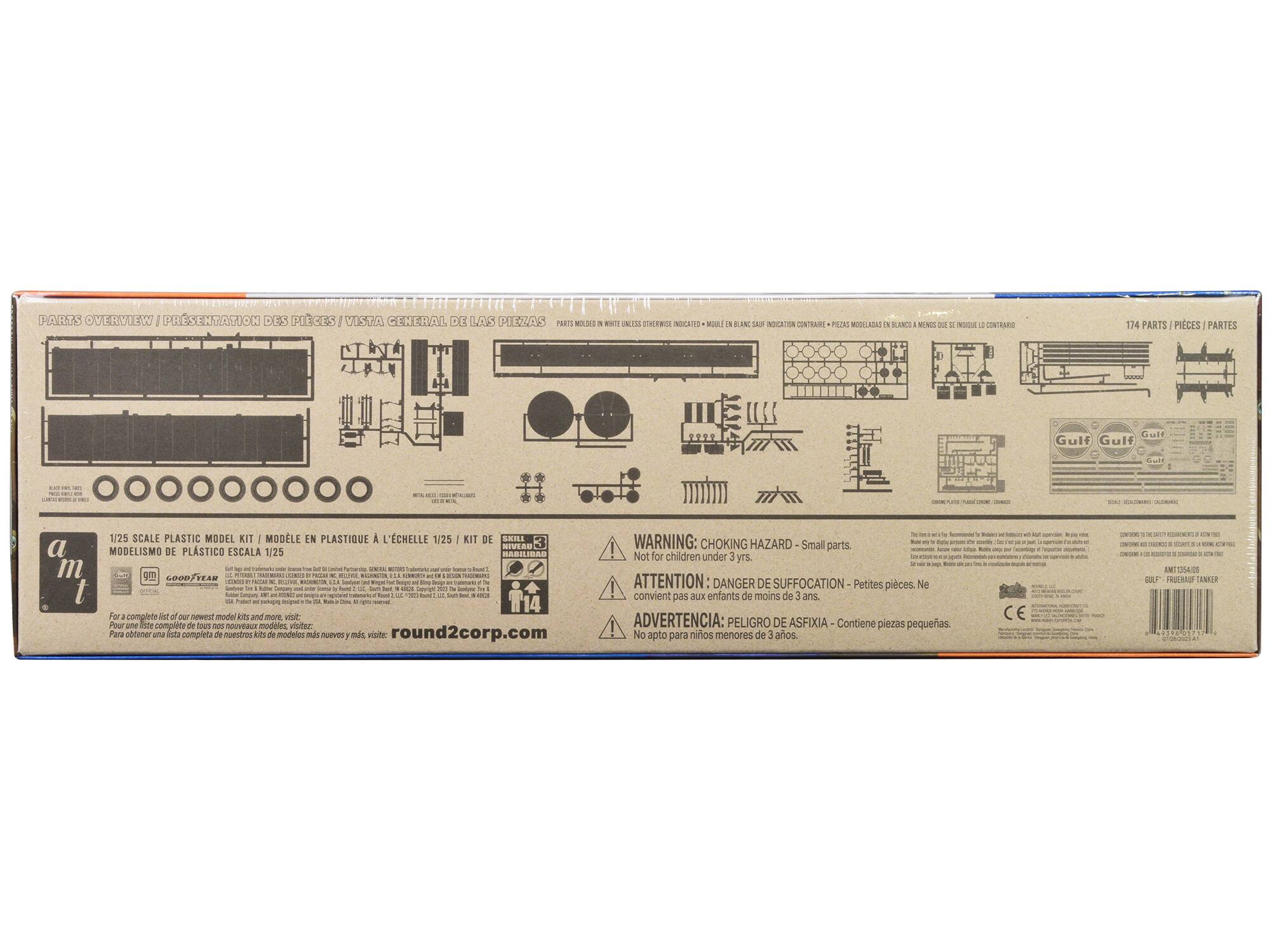 **Parts Overview / Présentation des Pièces / Vista General de las Piezas**

- **174 Parts / Pièces / Partes**
- **1/25 Scale Plastic Model Kit / Modèle en Plastique à l'Échelle 1/25 / Modelo de Plástico Escala 1/25**

**Gulf**

**For a complete list of our newest model kits and more: visit: round2corp.com**

**Para obtener una lista completa de nuestros kits de modelos más nuevos y más: visit: round2corp.com**

**Warning: Choking Hazard - Small parts. Not for children under 3 yrs.**

**Attention: Danger de Suffocation - Petites pièces. Ne convient pas aux enfants de moins de 3 ans.**

**Advertencia: Peligro de Asfixia - Contiene piezas pequeñas. No apto para niños menores de 3 años.**

**Skill Level: 3**

**CE**

**Gulf 1/25 Scale Plastic Model Kit**

**Modelismo de Plástico Escala 1/25**

**1/25 Scale Plastic Model Kit / Modèle en Plastique