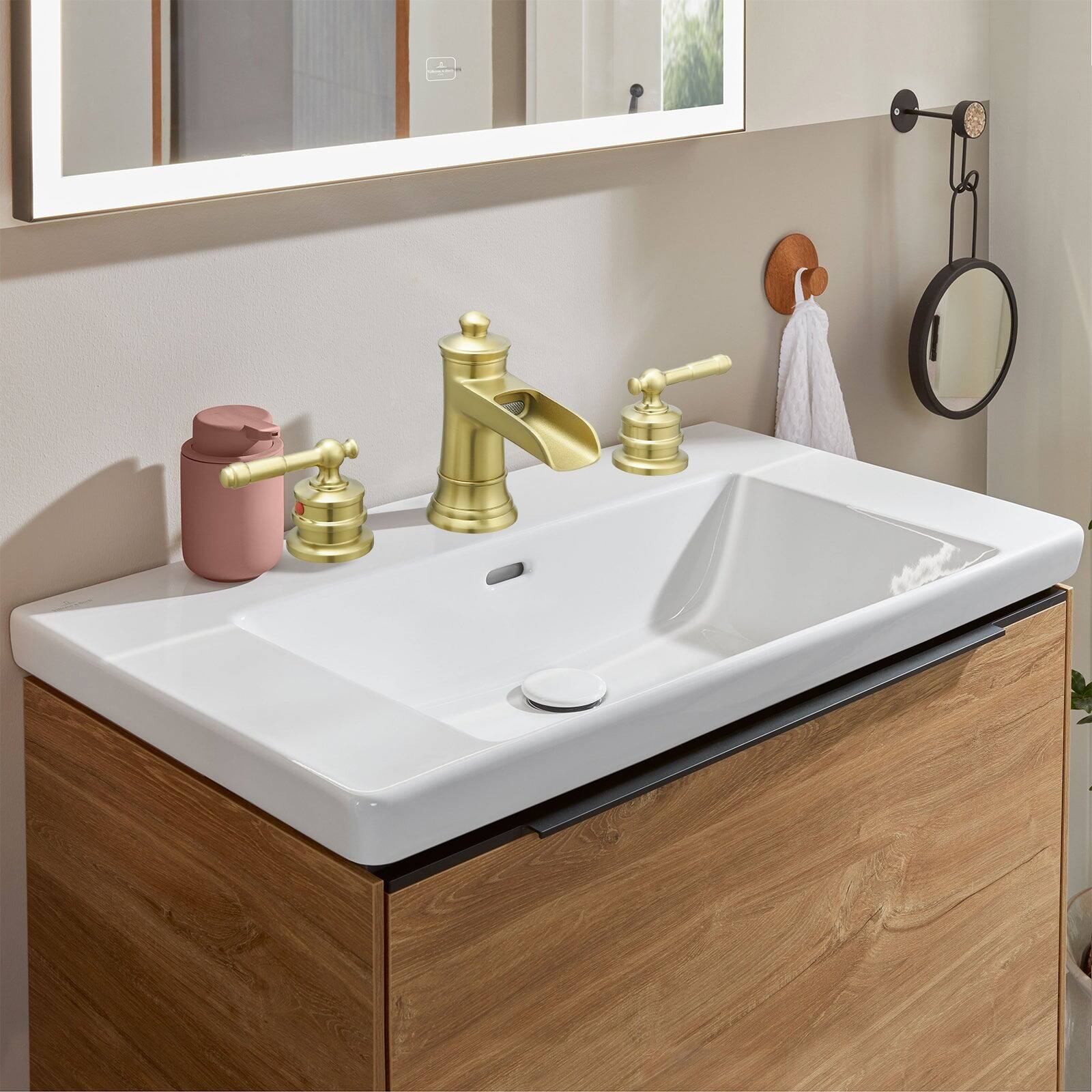 Alt View 2. Boyel Living - Classic 8 Inch Widespread Double Handle Brass Bathroom Faucet with Pop Up Drain and Water Supply Hoses in Brushed Gold - Brushed Gold.