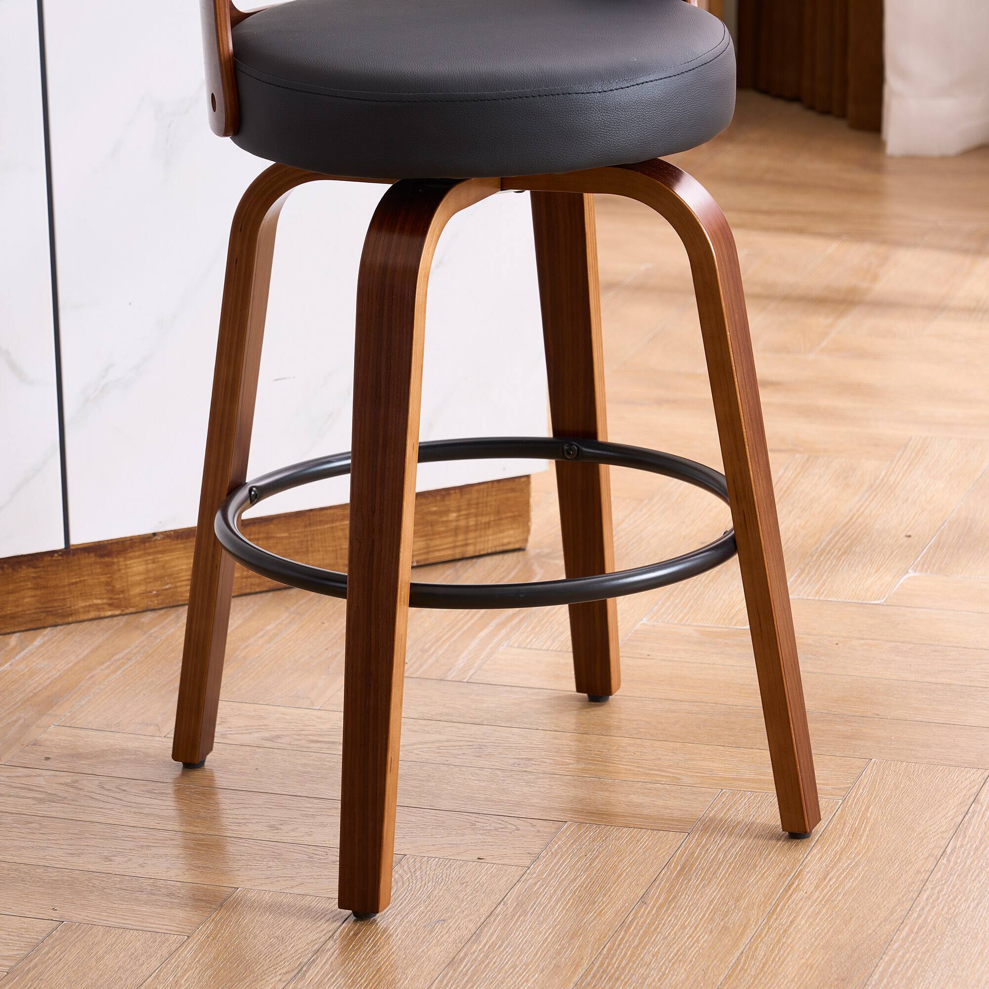 Back. FERPIT - FERPIT Faux Leather Swivel Counter Bar Stools with Wood Legs Set of 2, Black, 26" - Black.