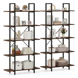 Costway - 2 PCS 5-Tier Bookshelf 62" Tall Vintage Industrial Bookcase with Open Storage Shelves - Rustic Brown,Black