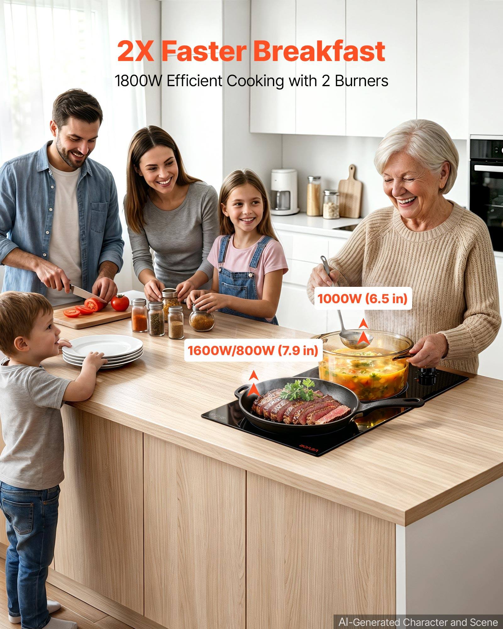 2X Faster Breakfast  
1800W Efficient Cooking with 2 Burners

1000W (6.5 in)  
1600W/800W (7.9 in)