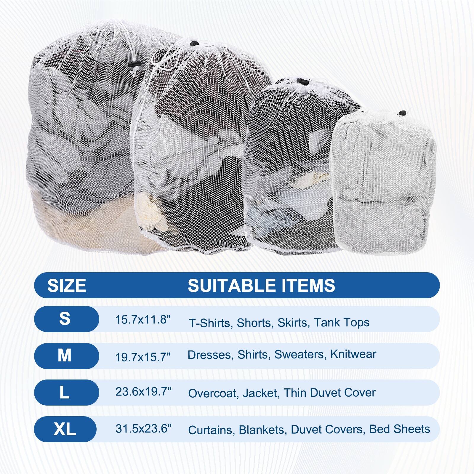 SIZE | SUITABLE ITEMS  
S | 15.7x11.8" | T-Shirts, Shorts, Skirts, Tank Tops  
M | 19.7x15.7" | Dresses, Shirts, Sweaters, Knitwear  
L | 23.6x19.7" | Overcoat, Jacket, Thin Duvet Cover  
XL | 31.5x23.6" | Curtains, Blankets, Duvet Covers, Bed Sheets