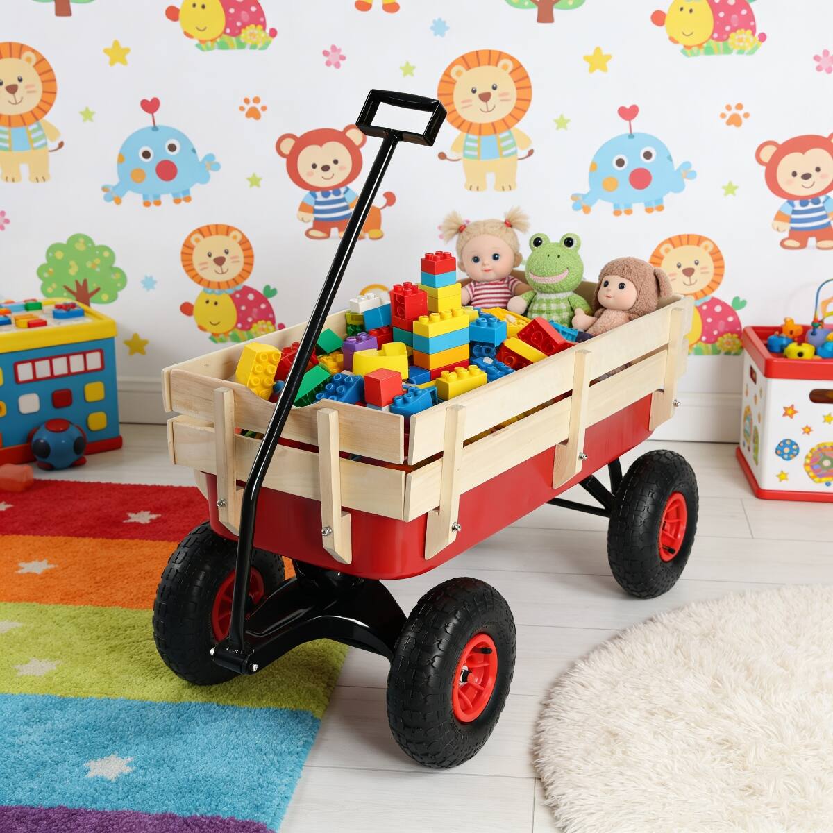 Alt View 1. Loheer - Loheer Garden Wagon Cart with Removable Wood Sides, Air Tires and Adjustable Handle, Red.