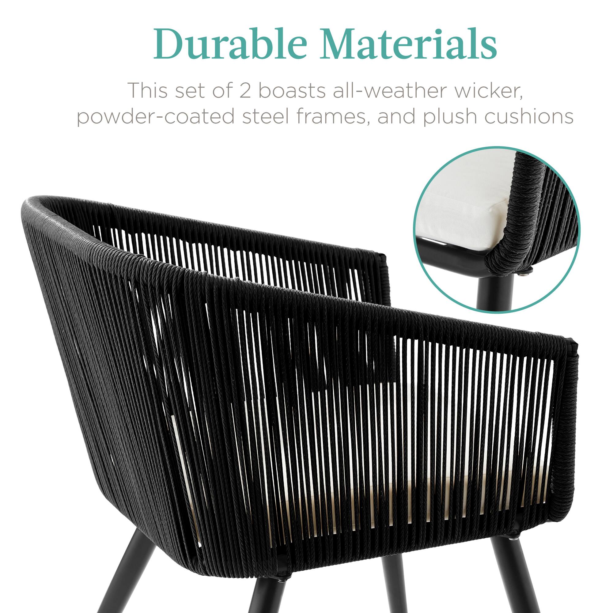 Durable Materials

This set of 2 boasts all-weather wicker, powder-coated steel frames, and plush cushions