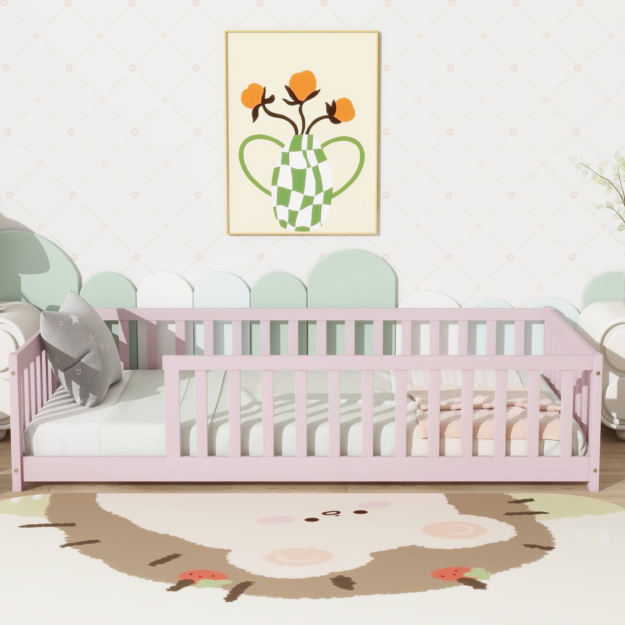 Back. GOODSILO - Twin Size Low-Profile Youth Bed with Secure Enclosure Frame, Solid Wood Construction, Neutral Finish - Pink.