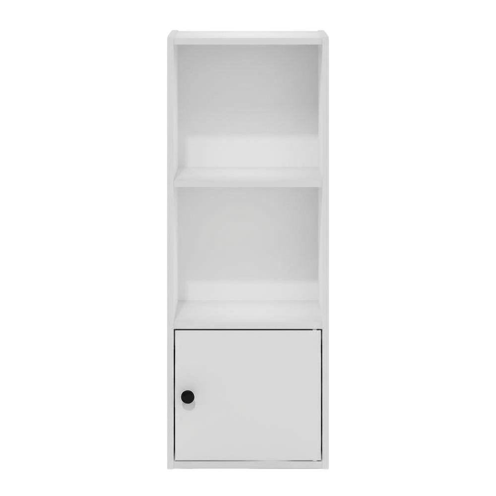 Back. FurniFact - White 3-Tier Bookcase with Lockable Storage Door and Open Shelves - White.