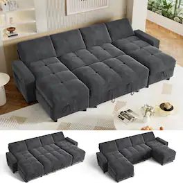 Dyonery - 105" U Shaped Couch Sleeper Sofa, Pull Out Couch with Reclining Backrest, Reversible Storage Chaise, USB Ports - Gray