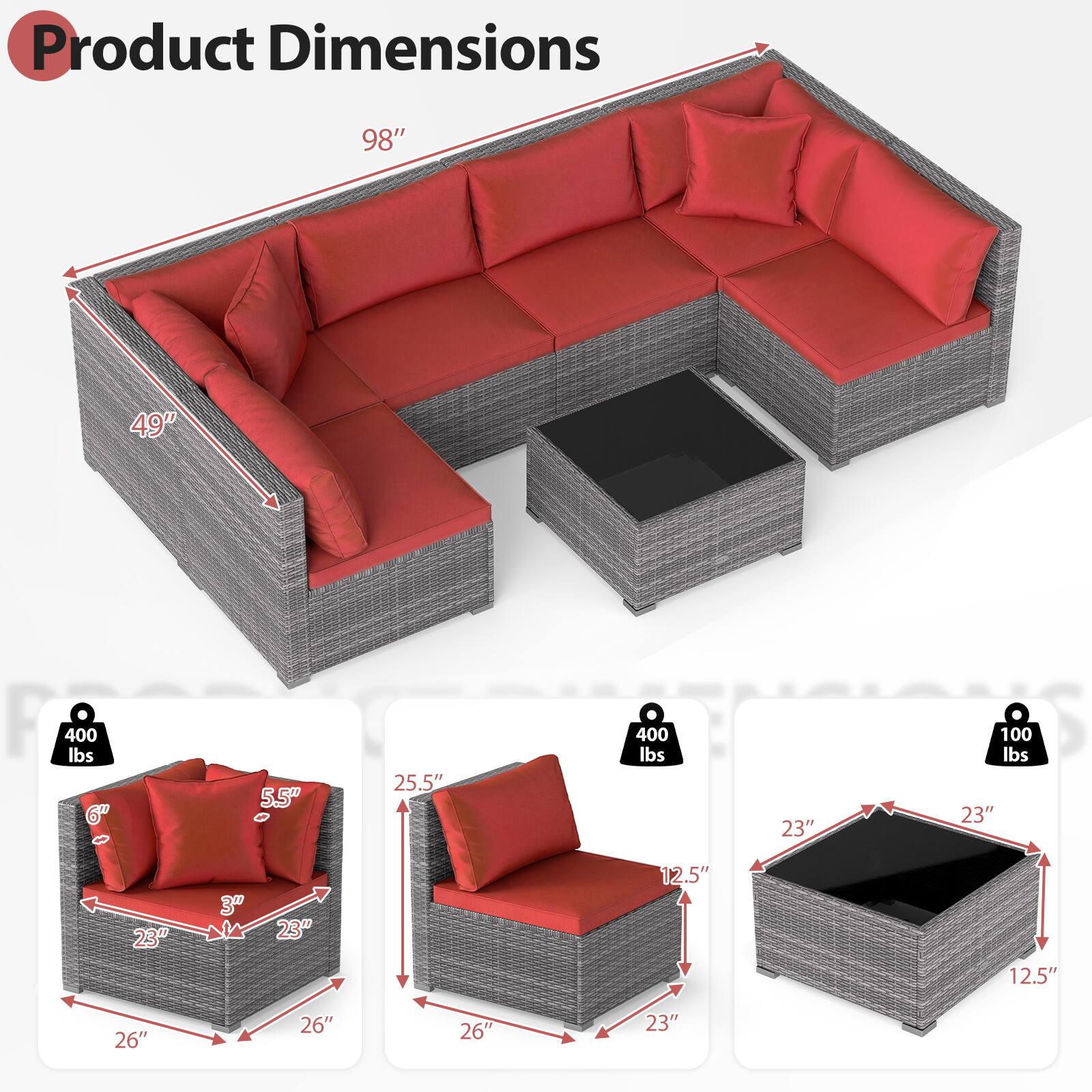 Product Dimensions

98"  
49"  
400 lbs

5.5"  
25.5"  
400 lbs

23"  
100 lbs

23"  
23"  
3"  
23"  
12.5"  
12.5"  
26"  
26"  
26"  
23"