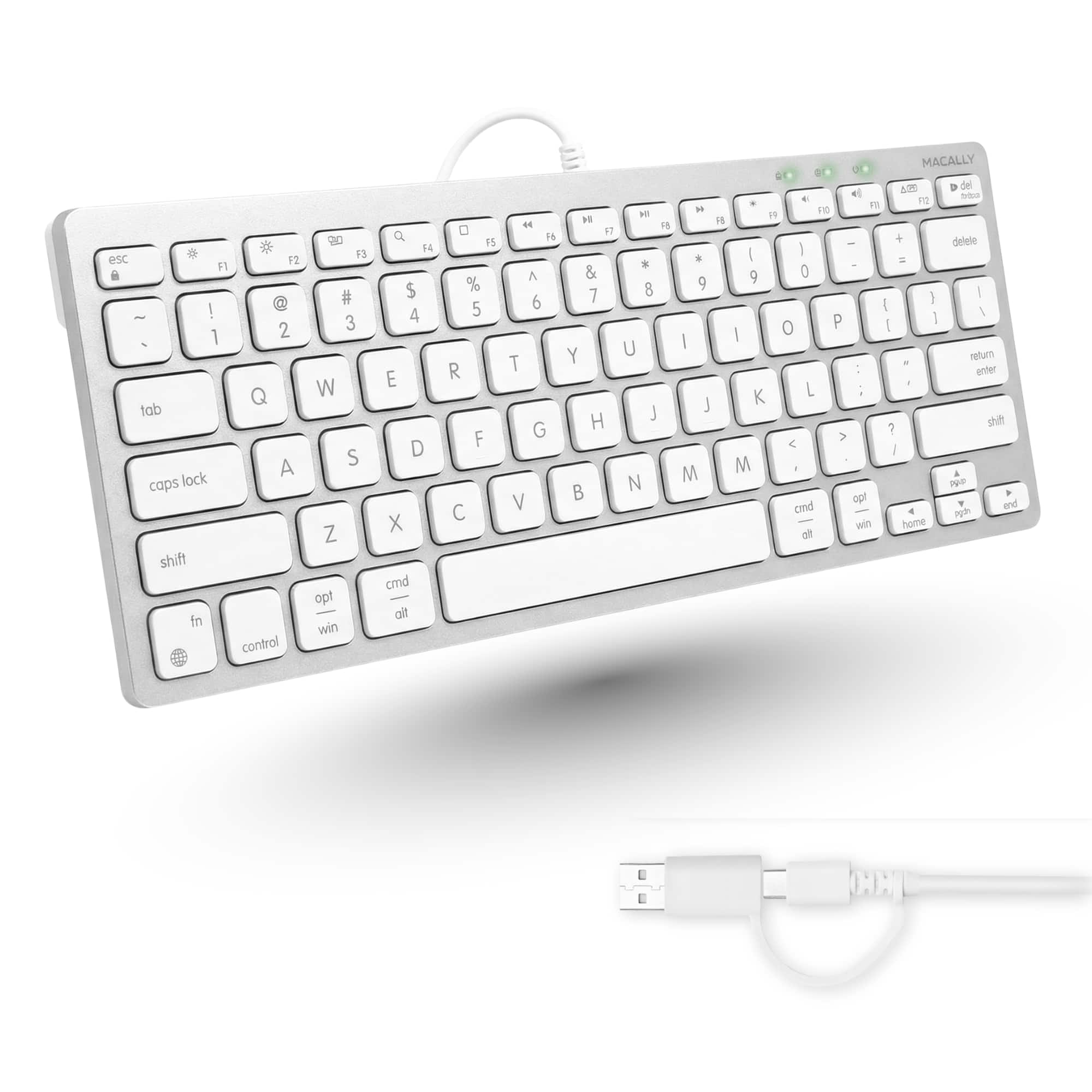 Macally - Small Wired Keyboard for Mac and PC (Dual USB C + A) - Save Space, 78-Key Layout with 13 Shortcuts, Type C - Silver