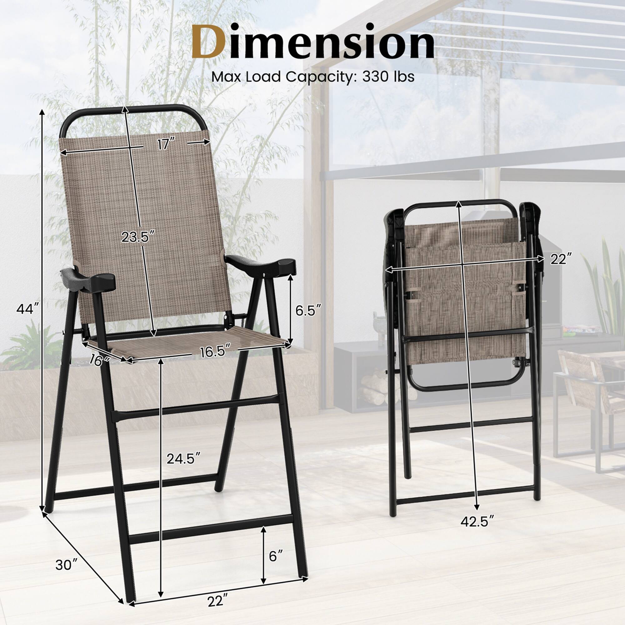 Dimension: 17", 23.5", 22", 44", 6.5", 16.5", 24.5", 42.5", 30", 6"

Max Load Capacity: 330 lbs
