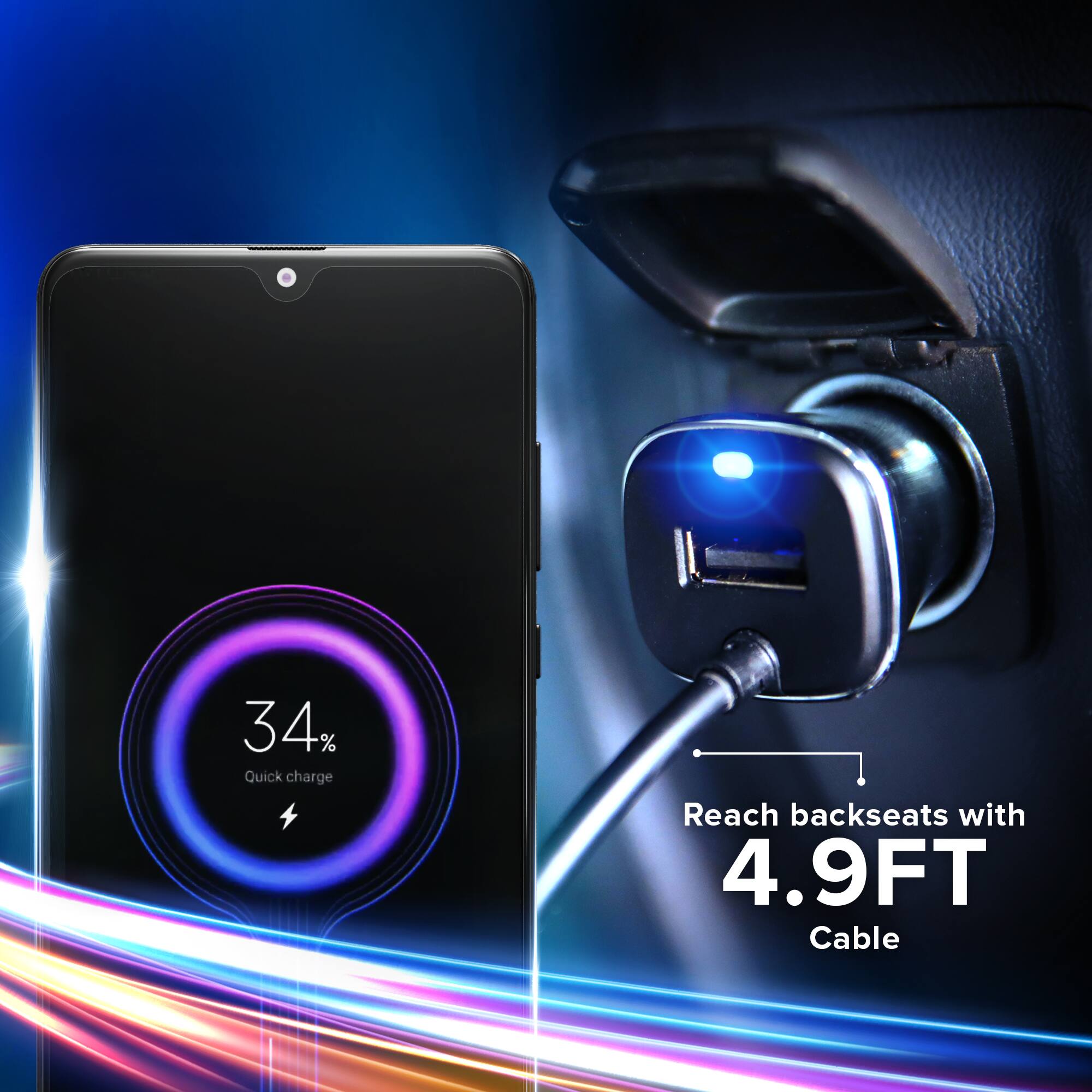 34% Quick charge  
Reach backseats with 4.9FT Cable