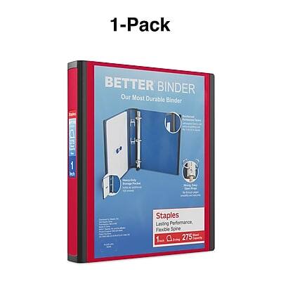 1-Pack  
BETTER BINDER  
Our Most Durable Binder  

Staples  
Lasting Performance  
Flexible Spine  
1 Pack  
275 Staples