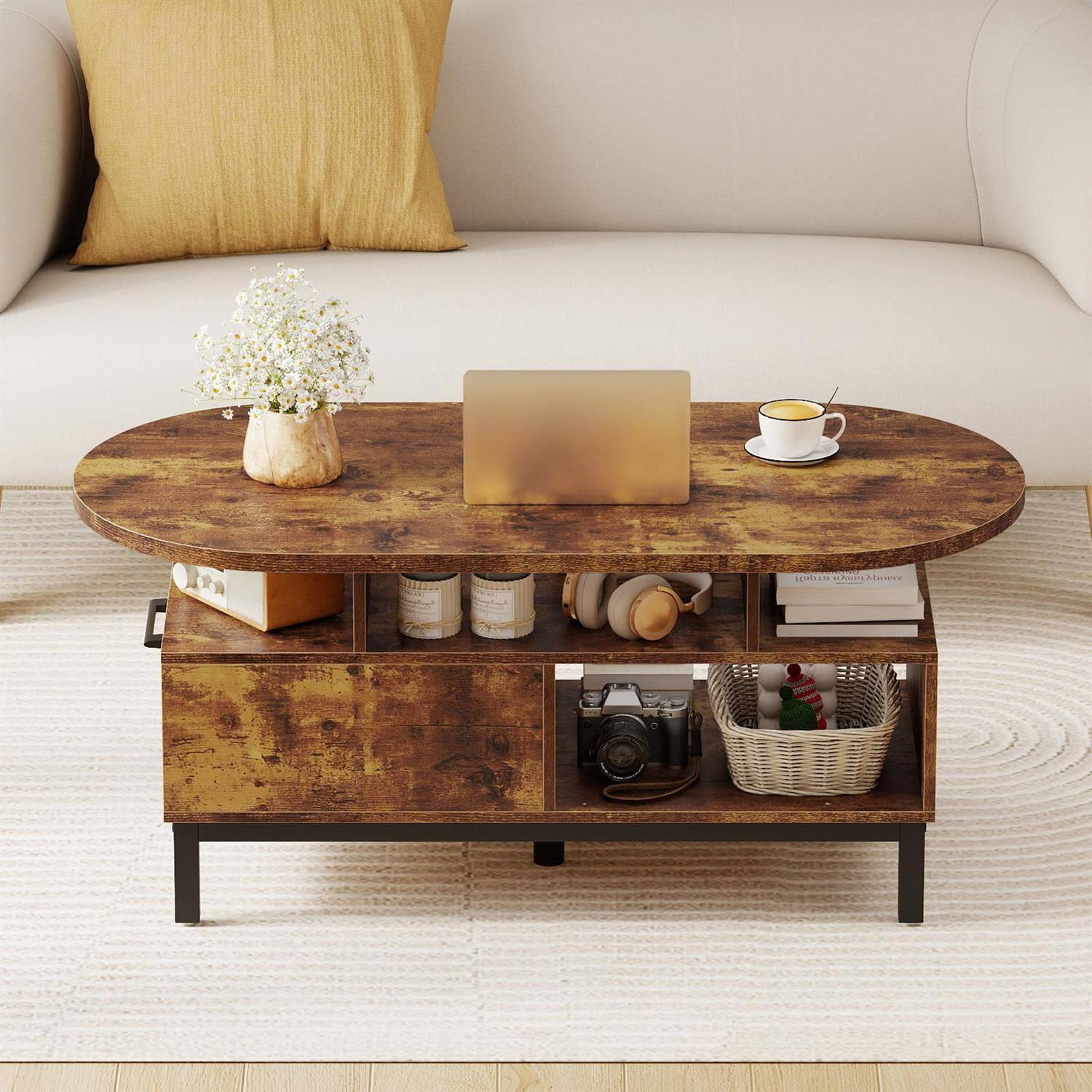 Angle. Pefilos - 47" Oval Coffee Table, Combined Storage & Open Compartments, 5-Leg Stability Support, Rustic Brown & Black - Brown.