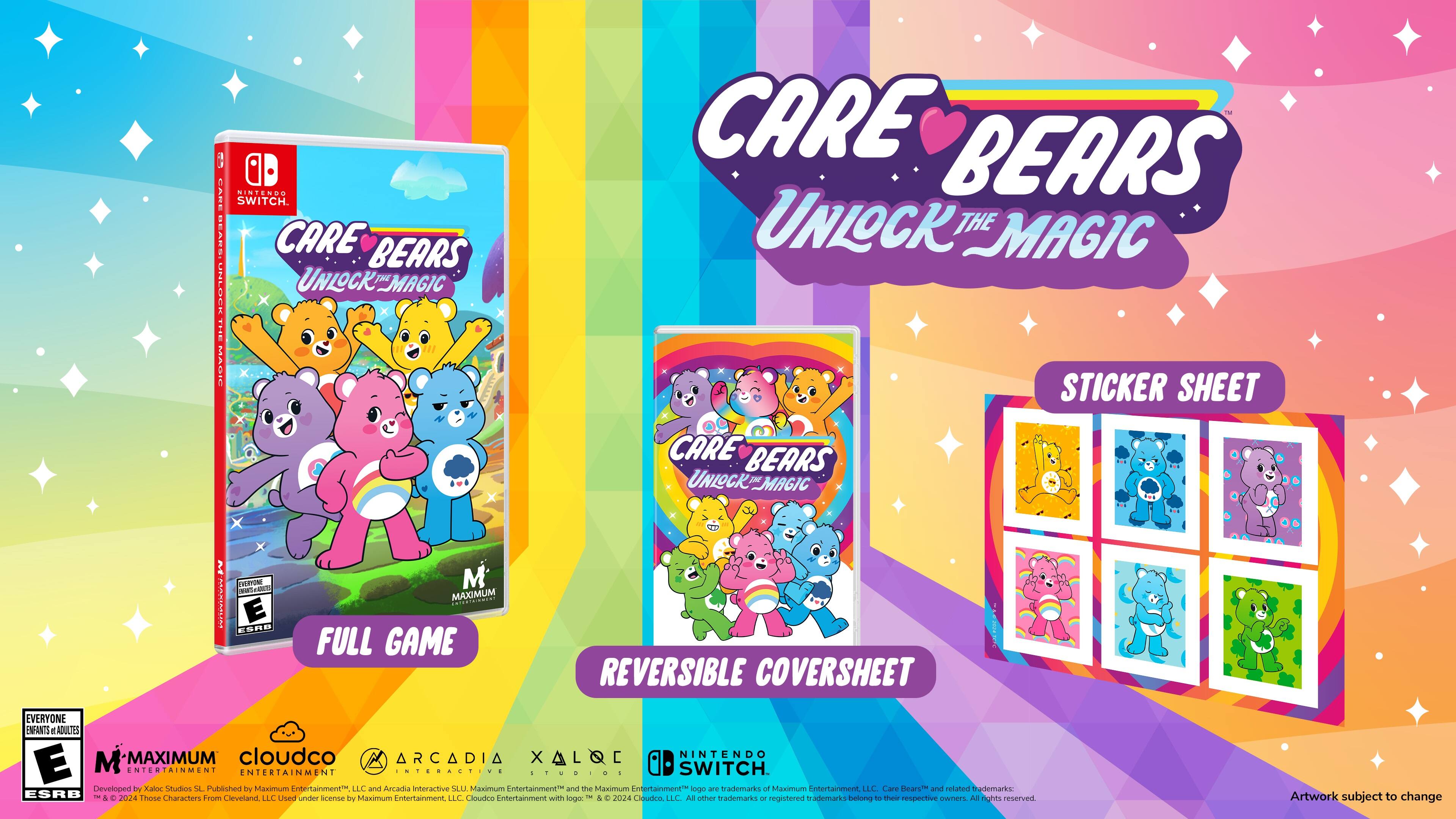 Care Bears: Unlock the Magic for Nintendo Switch. Includes a reversible cover sheet and a sticker sheet. Developed by Xaioc Studios and published by Maximum Entertainment. The Care Bears and related characters are trademarks of Cloudco Entertainment Inc. Used under license by Maximum Entertainment, LLC. Artwork subject to change.