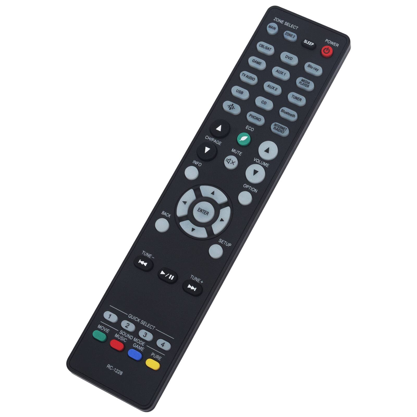 ZONE MAIN SELECT JONE SLEEP POWER CBL/SAT DVD GAME AUX1 Blu-Ray TV TY AUDIO PLETER MESA AUX2 use TUNER + PHONO Bluetooth ECO RADIO CHIPAGE MUTE INFO VOLUME OPTION BACK ENTER TUNE- >/II TUNE SETUP 1 QUICK MOVIE 2 SELECT MUSIC SOUND 3 MODE 4 GAME PURE RC- 1228