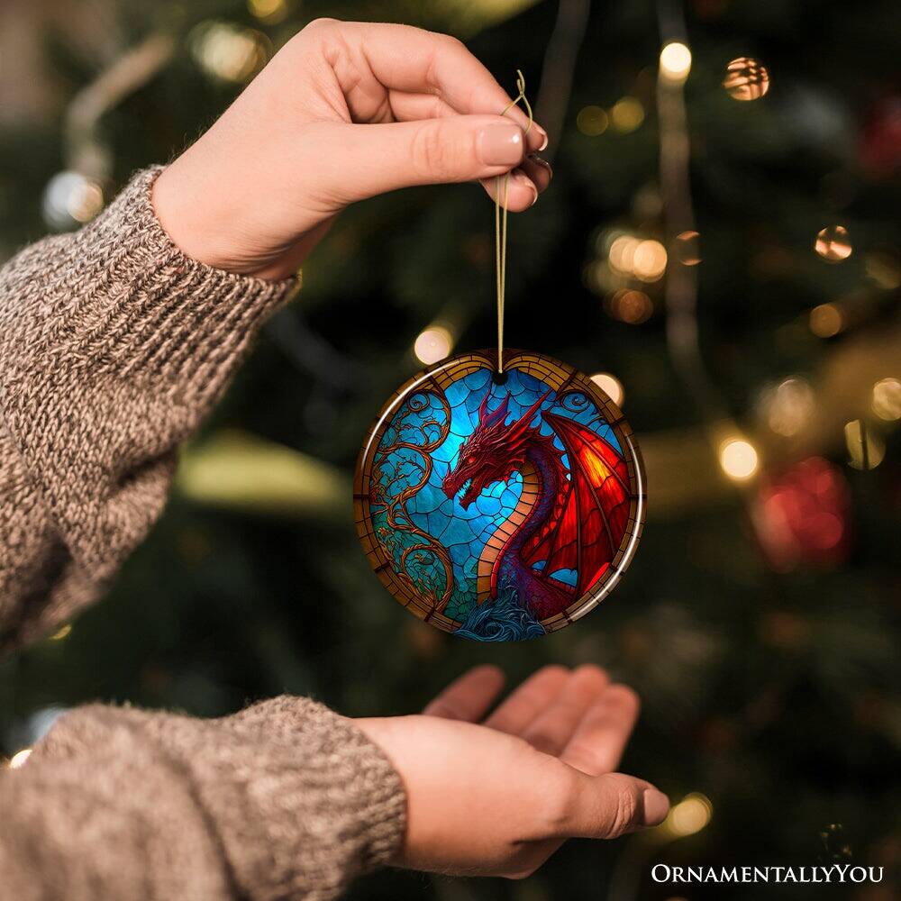 Alt View 1. OrnamentallyYou - Fierce Dragon Stained Glass Style Ceramic Ornament Unique Goth Tree Decor - Multi-colored.