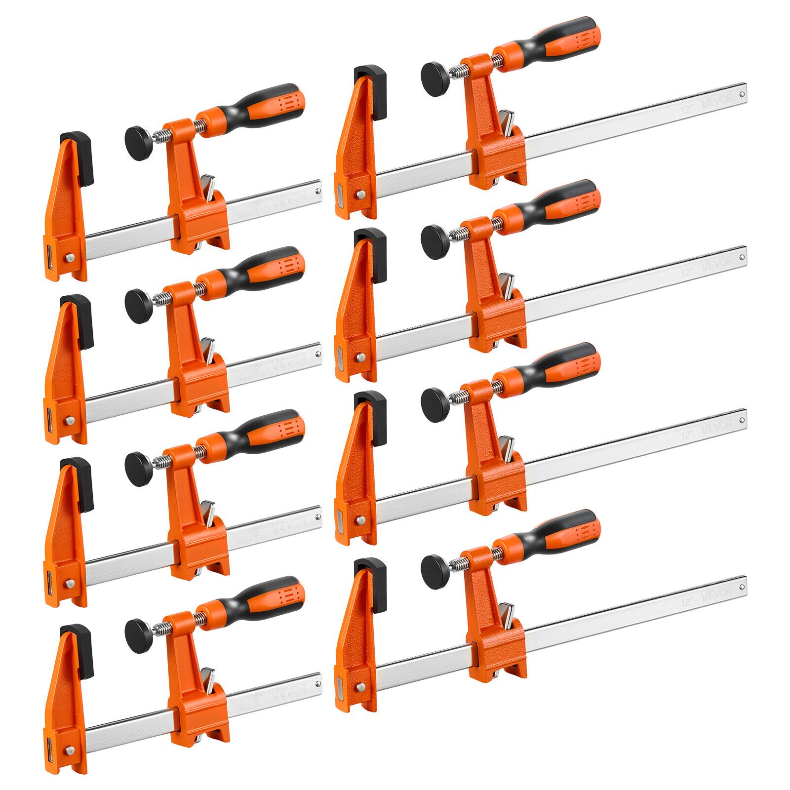 Front. VEVOR - Bar Clamps for Woodworking, 8-Pack, 6" and 12" F Clamps, 600 lbs Load Limit, with Plastic Pad and Self-Locking Design - Orange;Black.