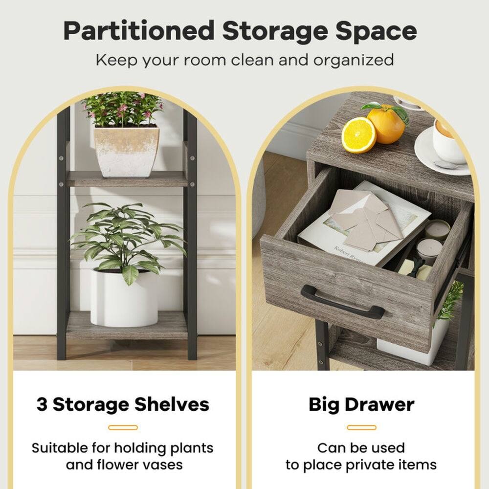Partitioned Storage Space  
Keep your room clean and organized  

3 Storage Shelves  
Suitable for holding plants and flower vases  

Big Drawer  
Can be used to place private items