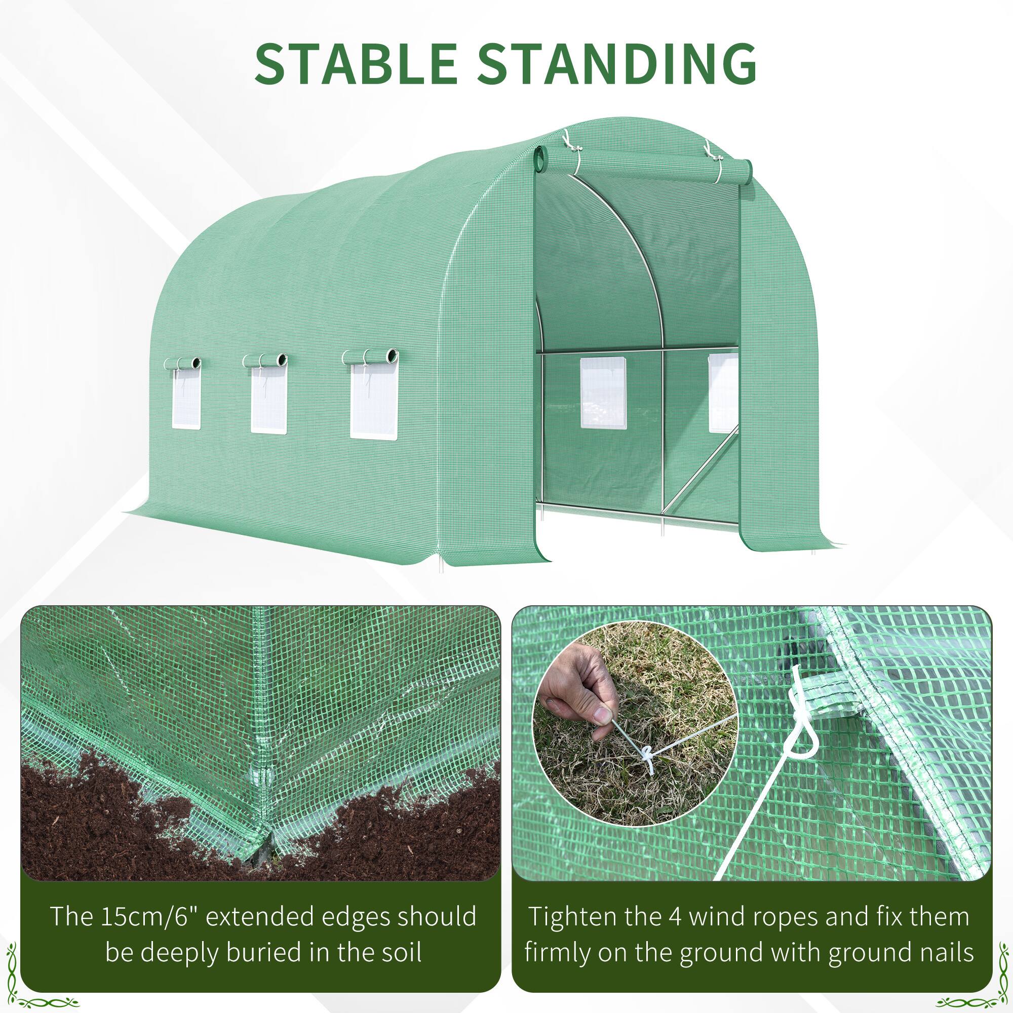 STABLE STANDING

The 15cm/6" extended edges should be deeply buried in the soil

Tighten the 4 wind ropes and fix them firmly on the ground with ground nails