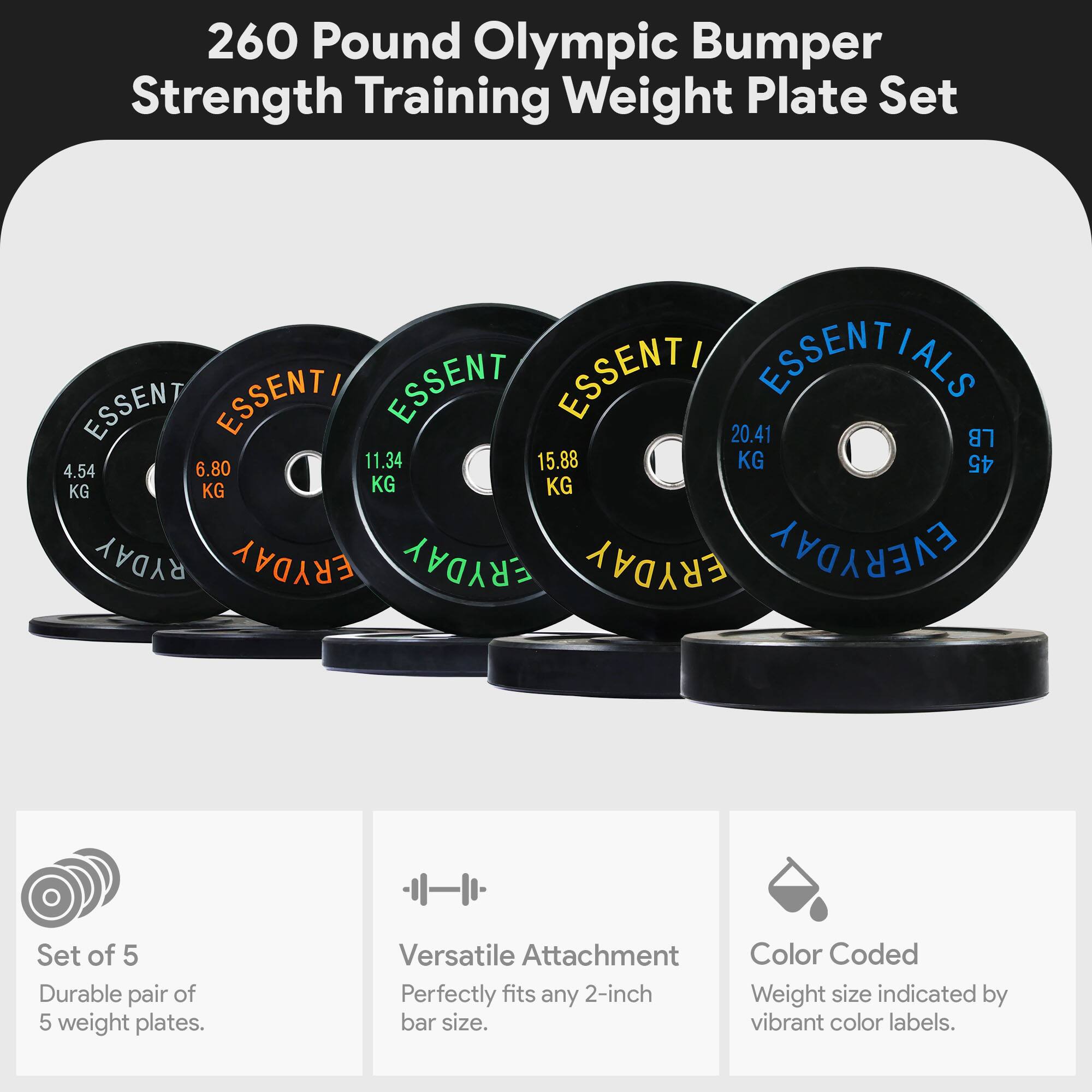 260 Pound Olympic Bumper Strength Training Weight Plate Set

ESSENTIALS

20.41 LB (9.27 KG)
15.88 KG
11.34 KG
6.80 KG
4.54 KG

Set of 5 Durable pair of 5 weight plates. Versatile Attachment Perfectly fits any 2-inch bar size. Color Coded Weight size indicated by vibrant color labels.