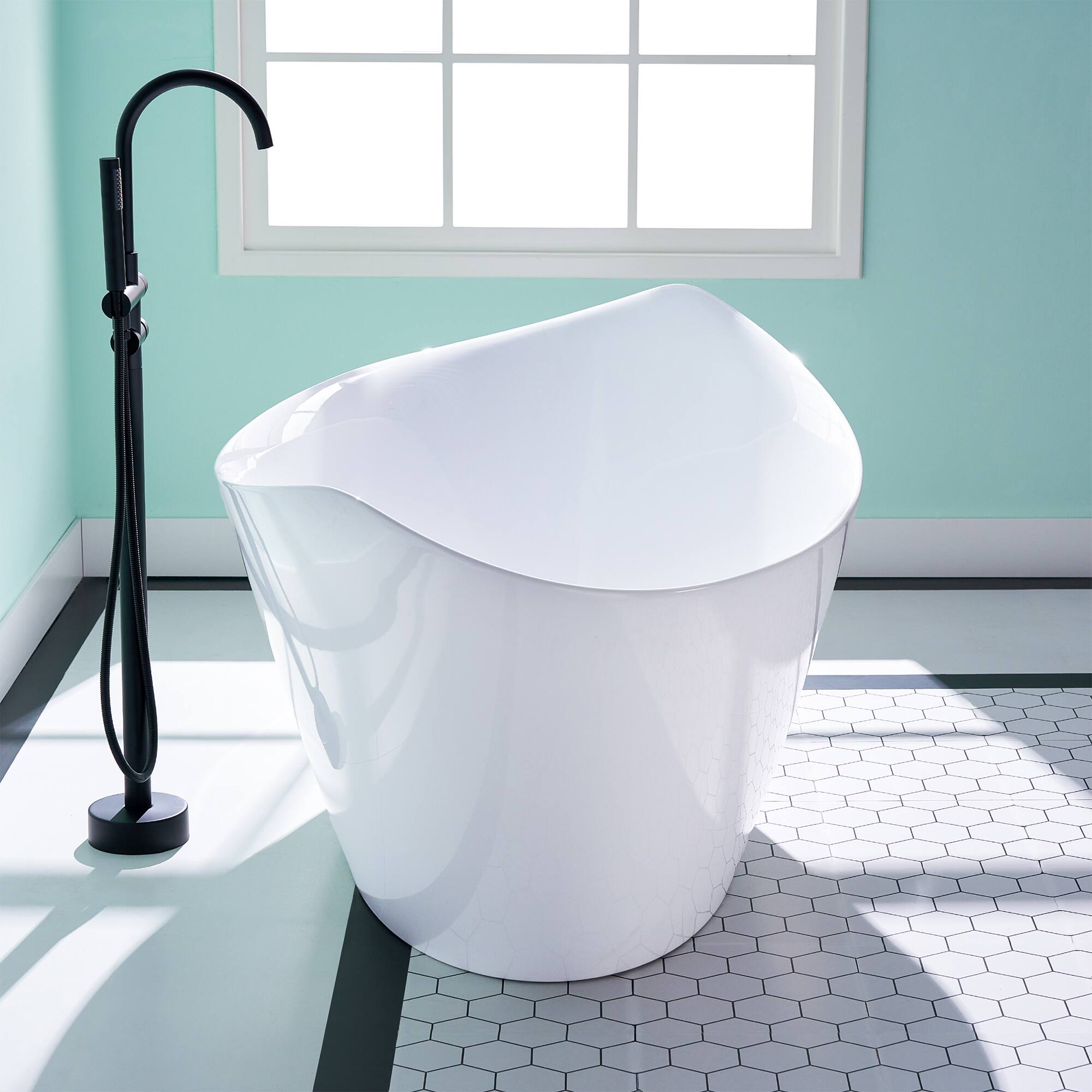 Left. WELLFOR - Swan 70 in. x 35 in. Acrylic Soaking Bathtub with Center Drain and Overflow - White.