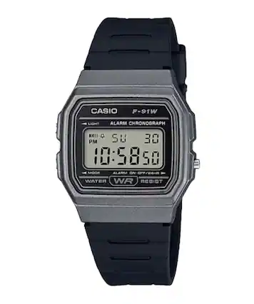 CASIO F-91W LIGHT ALARM CHRONOGRAPH
PM SU 30 10:58 50
MODE ALARM ON
WATER WR RESIST