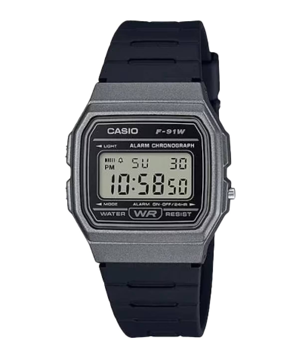 CASIO F-91W LIGHT ALARM CHRONOGRAPH  
PM SU 30 10:58 50  
MODE ALARM ON  
WATER WR RESIST