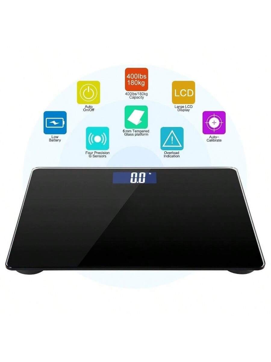 400lbs / 180kg Capacity  
LCD Auto On/Off  
Large LCD Display  
Low Battery  
6mm Tempered Glass Platform  
Four Precision G Sensors  
Auto-Calibrate  
Overload Indication