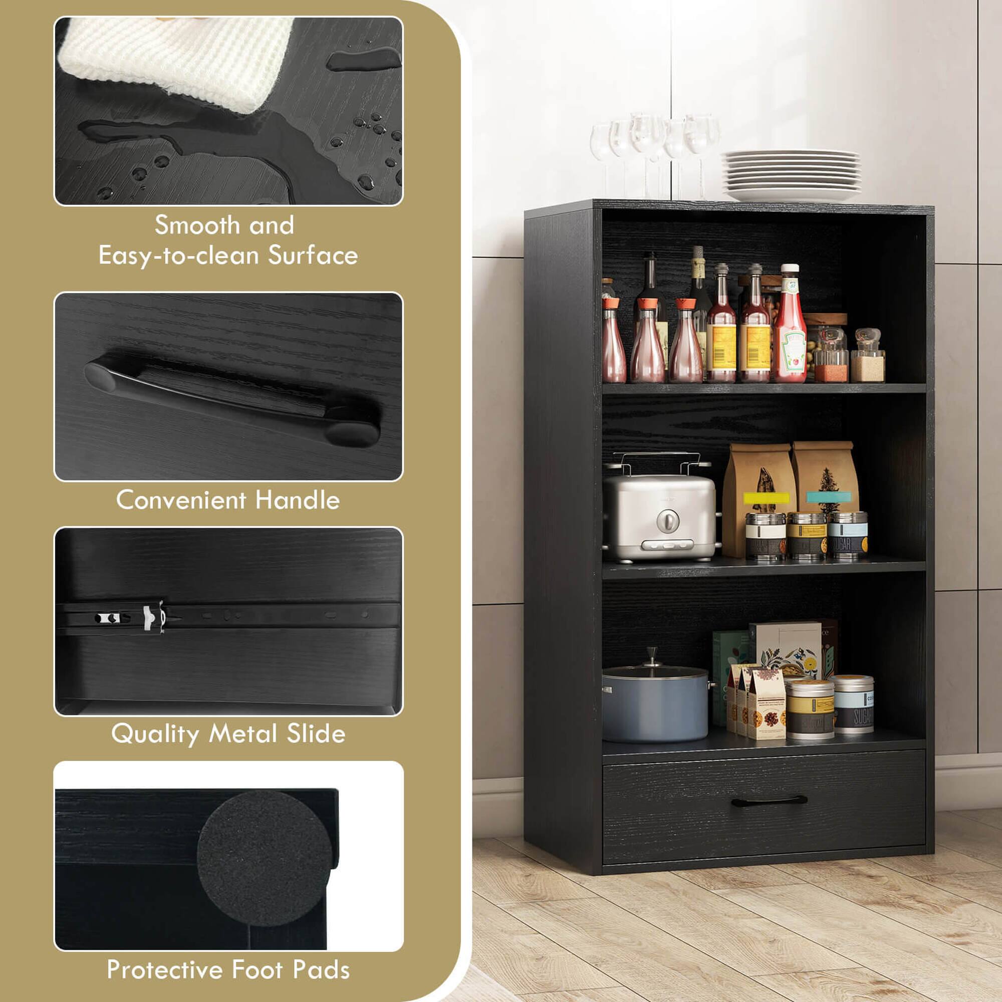 The image features a wooden kitchen cabinet with a variety of items inside. The cabinet has a smooth and easy-to-clean surface, a convenient handle, and a quality metal slide. Additionally, it has protective foot pads to prevent scratches and damage to the floor. The cabinet is filled with various items, including bottles, wine glasses, and a bowl. The bottles are arranged in different positions, with some standing upright and others lying horizontally. The wine glasses are placed in a row, with some closer to the front and others towards the back of the cabinet. The bowl is located towards the right side of the cabinet.