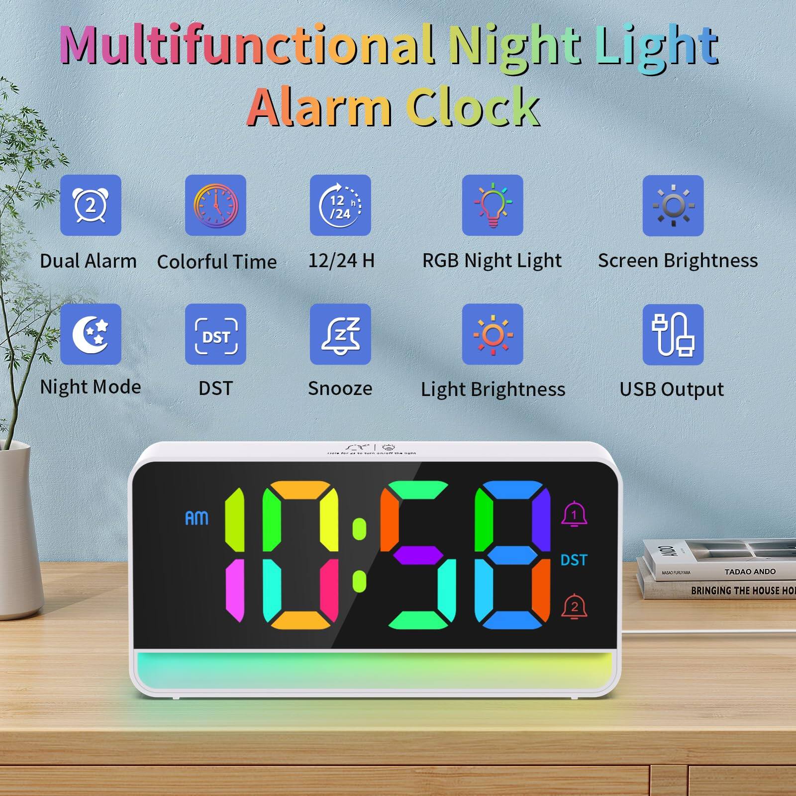 Multifunctional Night Light Alarm Clock

- Dual Alarm
- Colorful Time
- 12/24 H
- RGB Night Light
- Screen Brightness
- Night Mode
- DST
- Snooze
- Light Brightness
- USB Output

AM 10:58 DST

TADAO ANDO
BRINGING THE HOUSE HOME