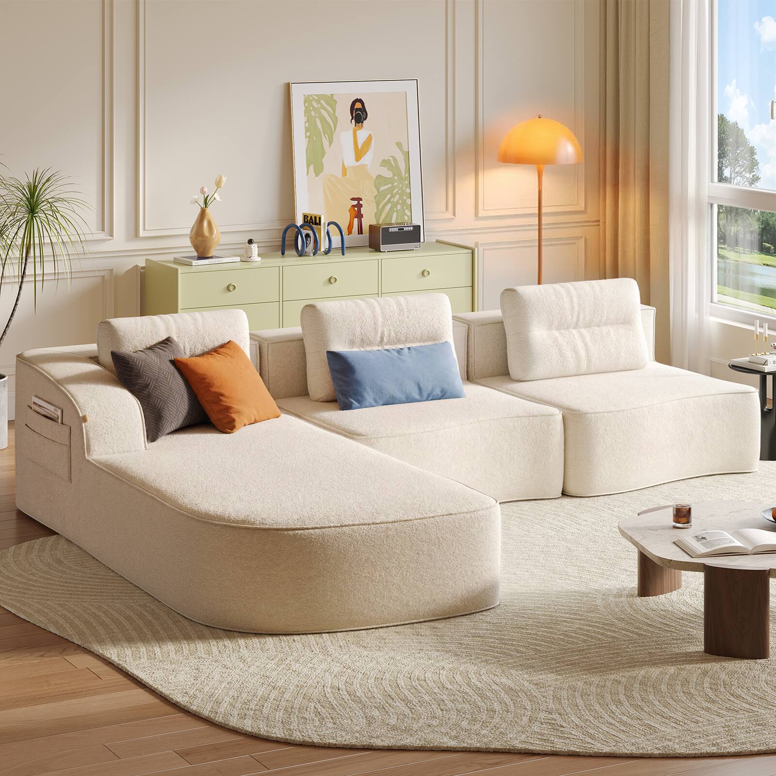 Angle. Pinmoco - PINMOCO Modular Sectional Sofa, Sleeper Sofa Bed with 3 Pillows, Boneless Couch with Side Pockets - Left Chaise Off White.