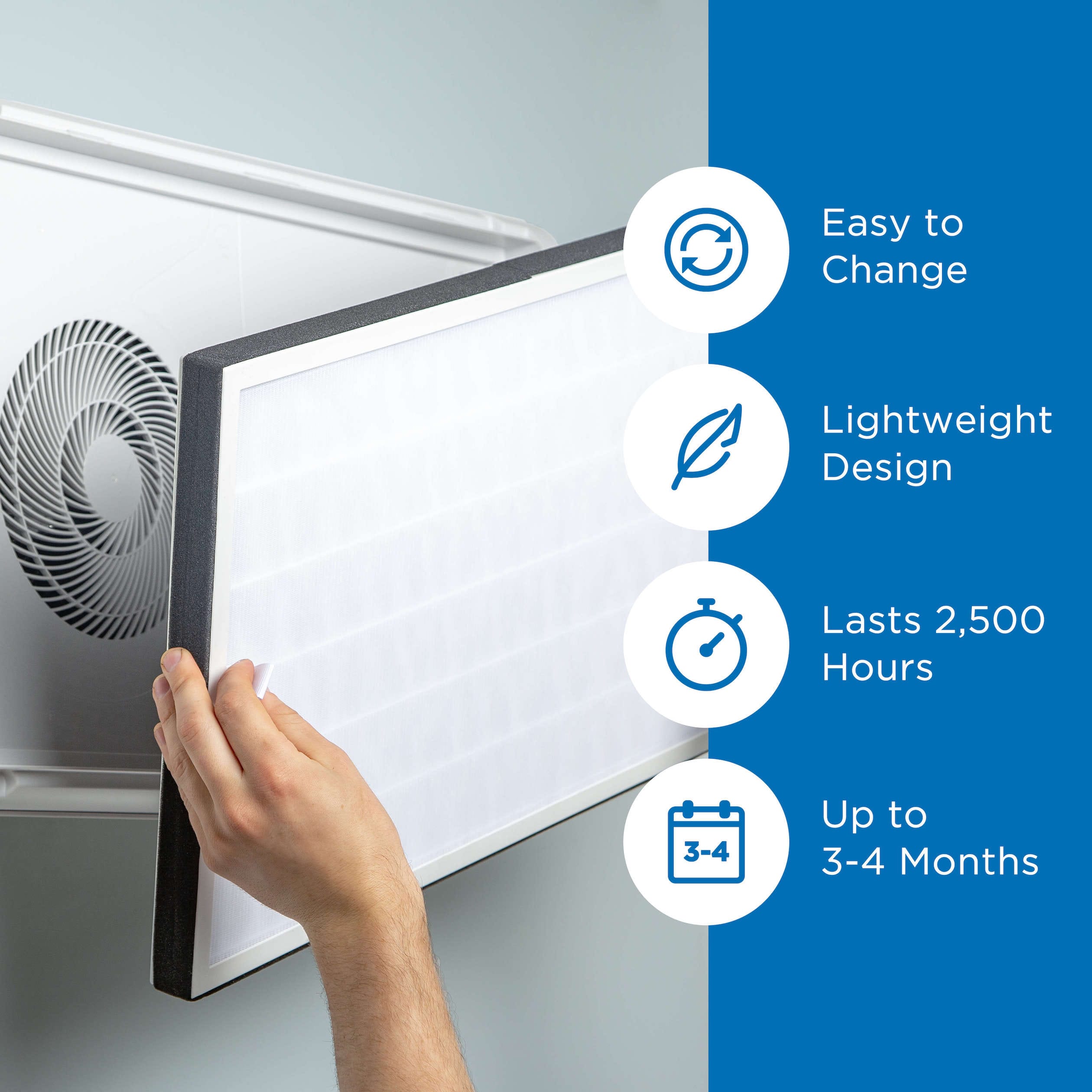 Easy to Change Lightweight Design Lasts 2,500 Hours 3-4 Up to 3-4 Months