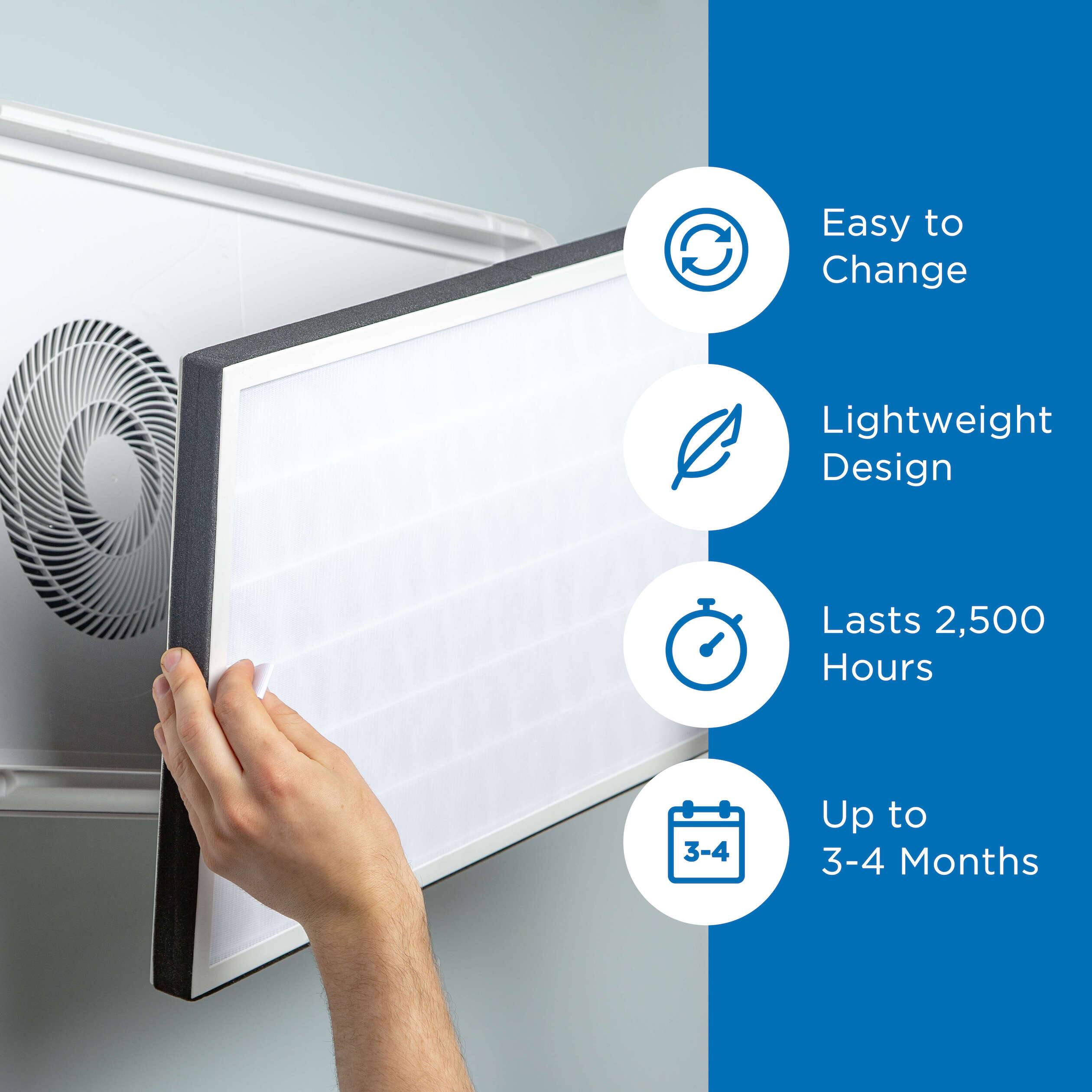 Easy to Change Lightweight Design Lasts 2,500 Hours 3-4 Up to 3-4 Months