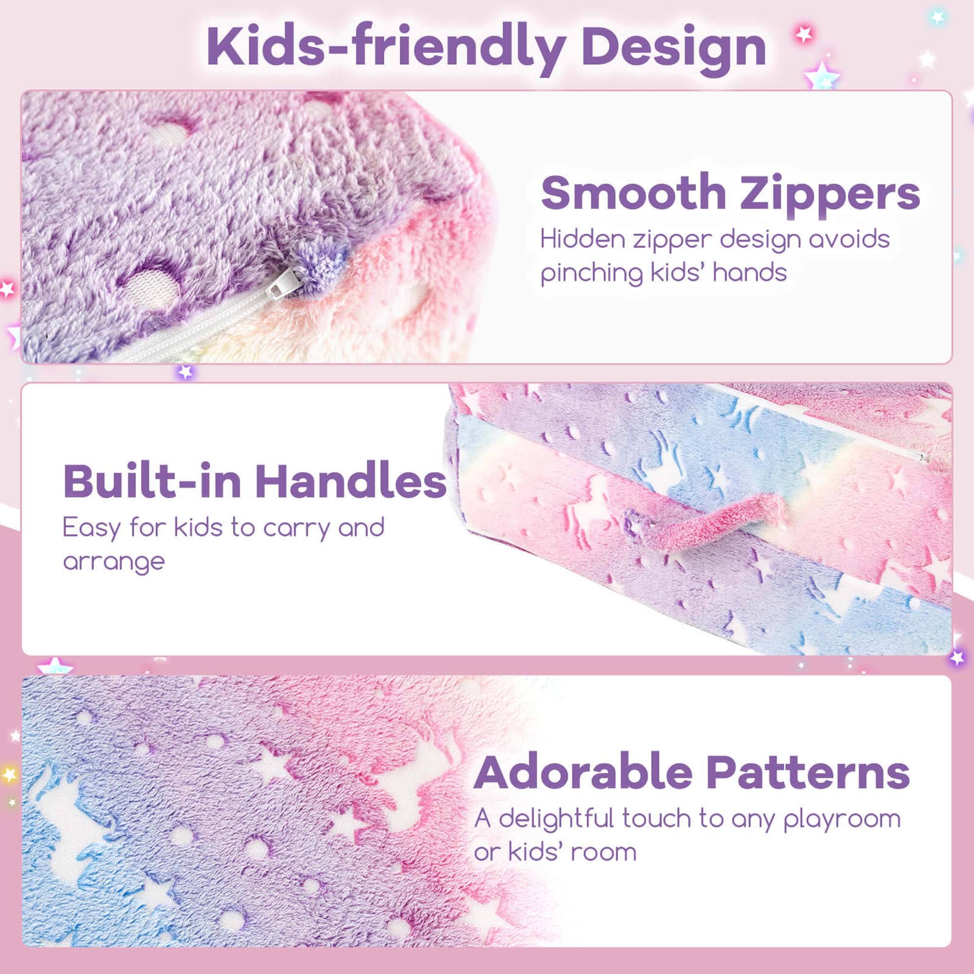 Kids-friendly Design

Smooth Zippers
Hidden zipper design avoids pinching kids' hands

Built-in Handles
Easy for kids to carry and arrange

Adorable Patterns
A delightful touch to any playroom or kids' room