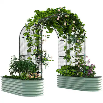 Front. Outsunny - Garden Beds Set with Arch Trellis, Climbing Net - Green.