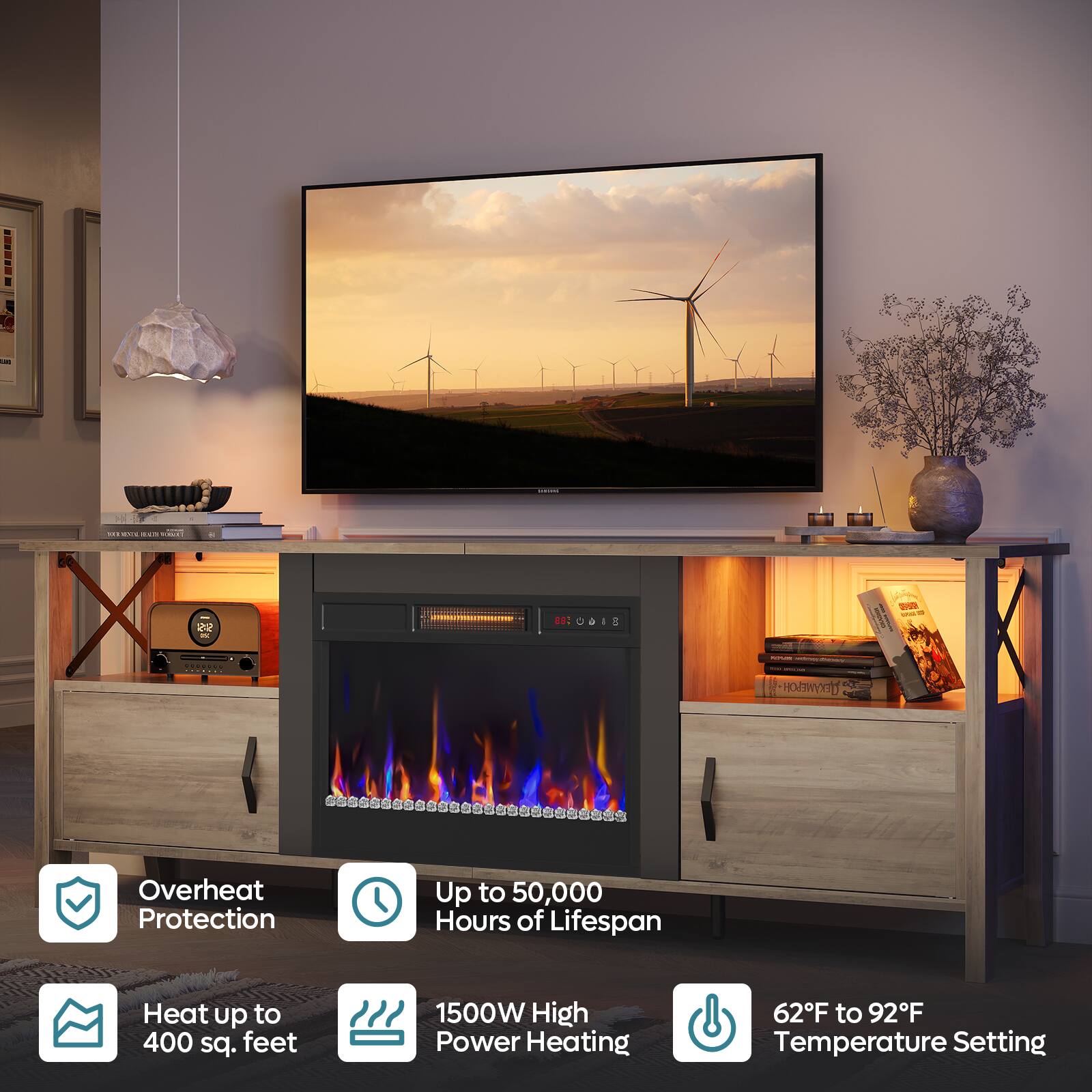 The text on the image reads:

"Overheat Protection Up to 50,000 Hours of Lifespan Heat up to 400 sq. feet 1500W High Power Heating 62F to 92F Temperature Setting."