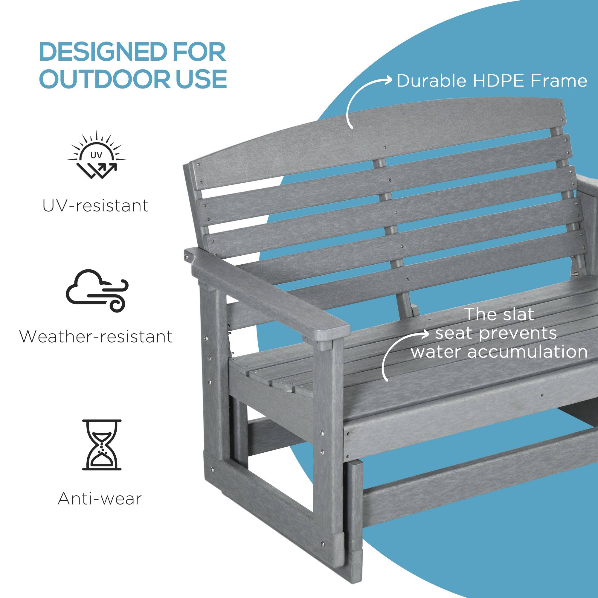 DESIGNED FOR OUTDOOR USE
Durable HDPE Frame
UV-resistant
Weather-resistant
The slat seat prevents water accumulation
Anti-wear