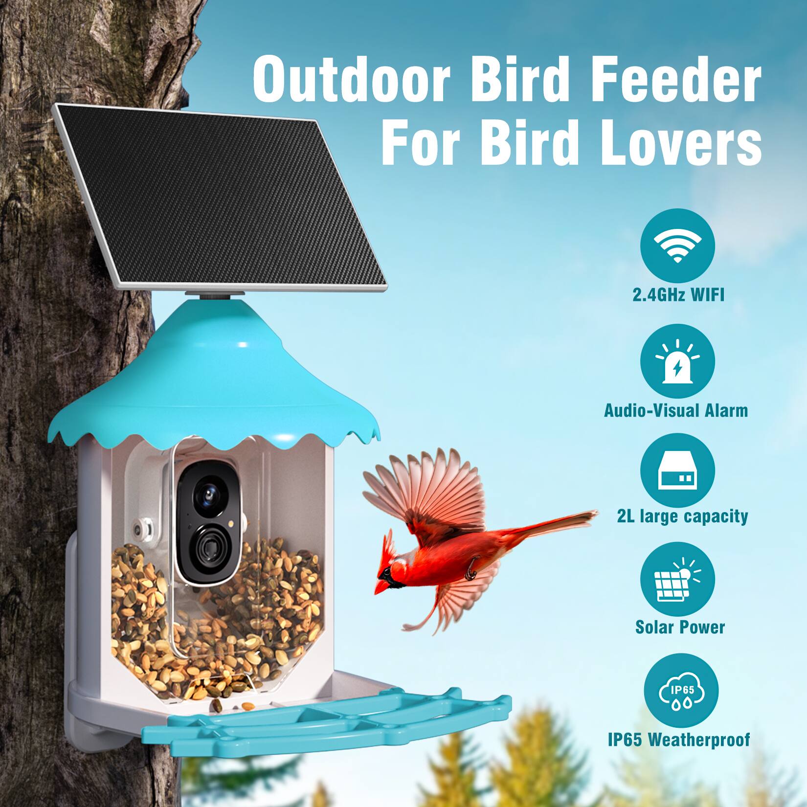 Outdoor Bird Feeder For Bird Lovers

- 2.4GHz WIFI
- Audio-Visual Alarm
- 2L large capacity
- Solar Power
- IP65 Weatherproof