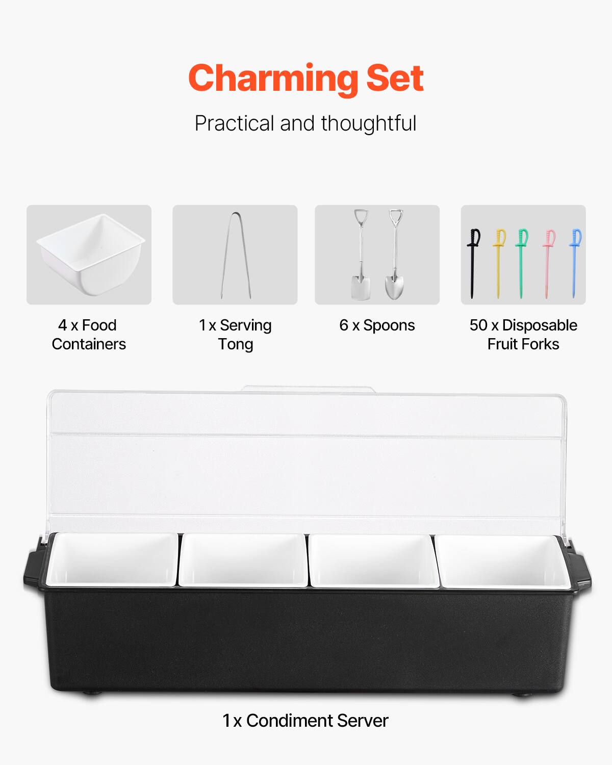 Charming Set  
Practical and thoughtful  

4 x Food Containers  
1 x Serving Tong  
6 x Spoons  
50 x Disposable Fruit Forks  
1 x Condiment Server